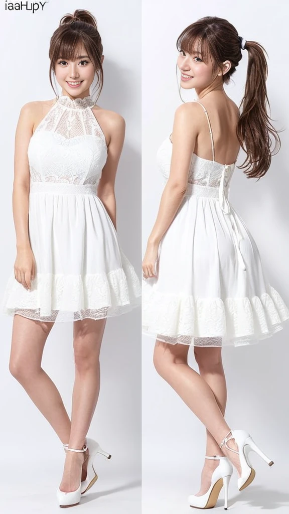 Not Safe for work contents.best quality and masterpiece,insanely detailed.hyper realistic.looking at viewer,lower body,1girl,brown hair,wavy hair,1girl in、Girl in long white mini dress with sheer skin、((full figure supermodel standing, entire body in frame))、fullbody shot、Standing gracefully、Standing with legs crossed