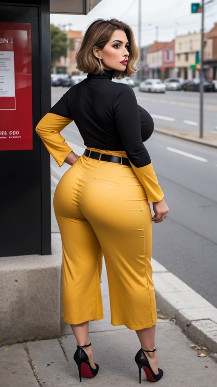 from behind, ass focus, office, portrait, woman, blonde hair and a perfect, voluptuous body, captured in full view. she wears dark eyeliner, HUD_Gth_Wrk, hat, pants, buttons, patterned shirt, <lora:HUD_Gth_Wrk:0.7>