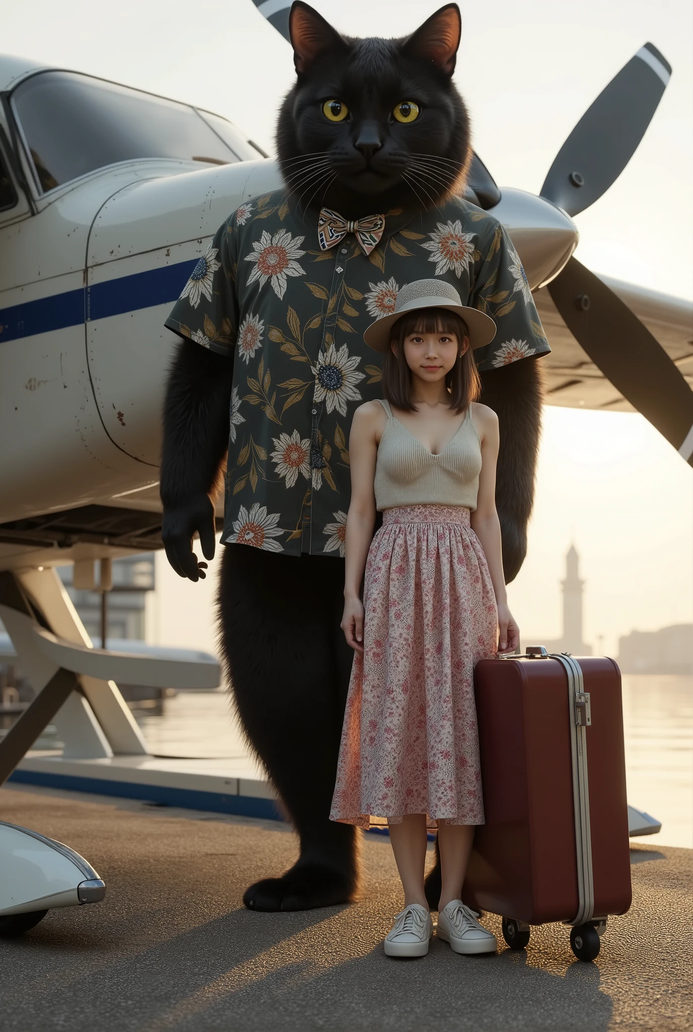  super real,  photorealistic,  dramatic scene, shadow, Global Illumination,  nostalgic,  in the seat\(  A beautiful 20-year-old Japanese girl , Beautiful Japanese girl with a cute face ,  wearing a cute patterned long skirt dress , Pastel Camisole,   brown hair up to the shoulder  ,  Accessory,  simple sneakers, Elegant hats\), 1  a giant black cat like a human \(  a giant black cat like a human ,  bow tie,  wear a modest Hawaiian shirt ,  slightly taller than girls , Her,  wearing a dark Hawaiian shirt , Carrying a large suitcase , Little Chubby \), the girl and  a giant black cat like a human  are about to board the private flying boat moored at the private seaplane port, An old airship with a single propeller , Single leaf machine,  the propeller is illuminated by the sun , 水上機の横から撮shadow, (写真撮shadowのために水上機の前にきちんと立っている)