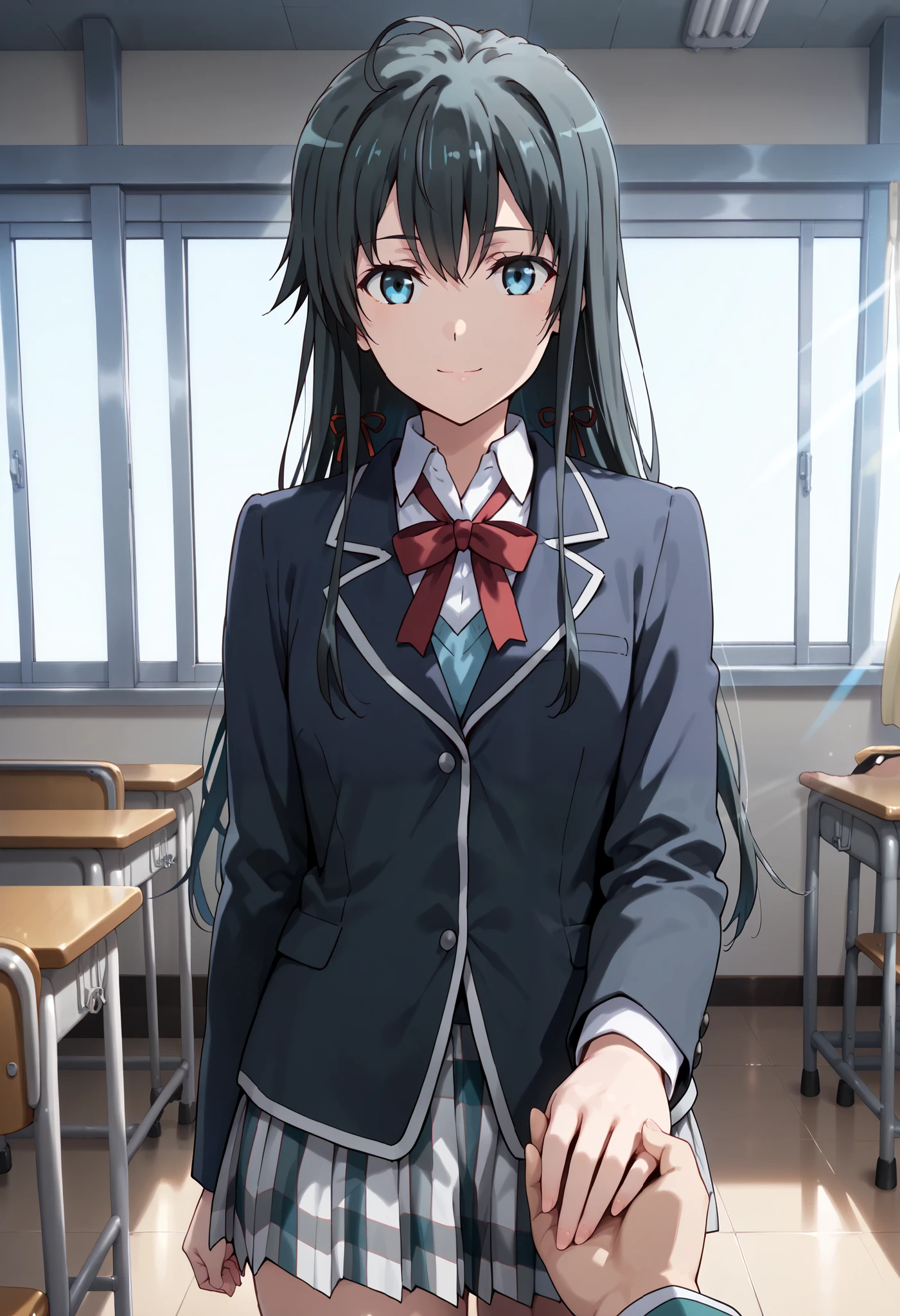 Anime-style character, source_anime, ((high_quality)), ((Super_Detailed)), dramatic lighting, backlighting, light rays, 1girl, yukinoshita yukino, beautiful, best perfect anatomy, long hair, black hair, school uniform, highthigh ,anime girl with Expressionless, blue eyes, smile, holding viewer's hand, solo focus, pov hands, out of frame