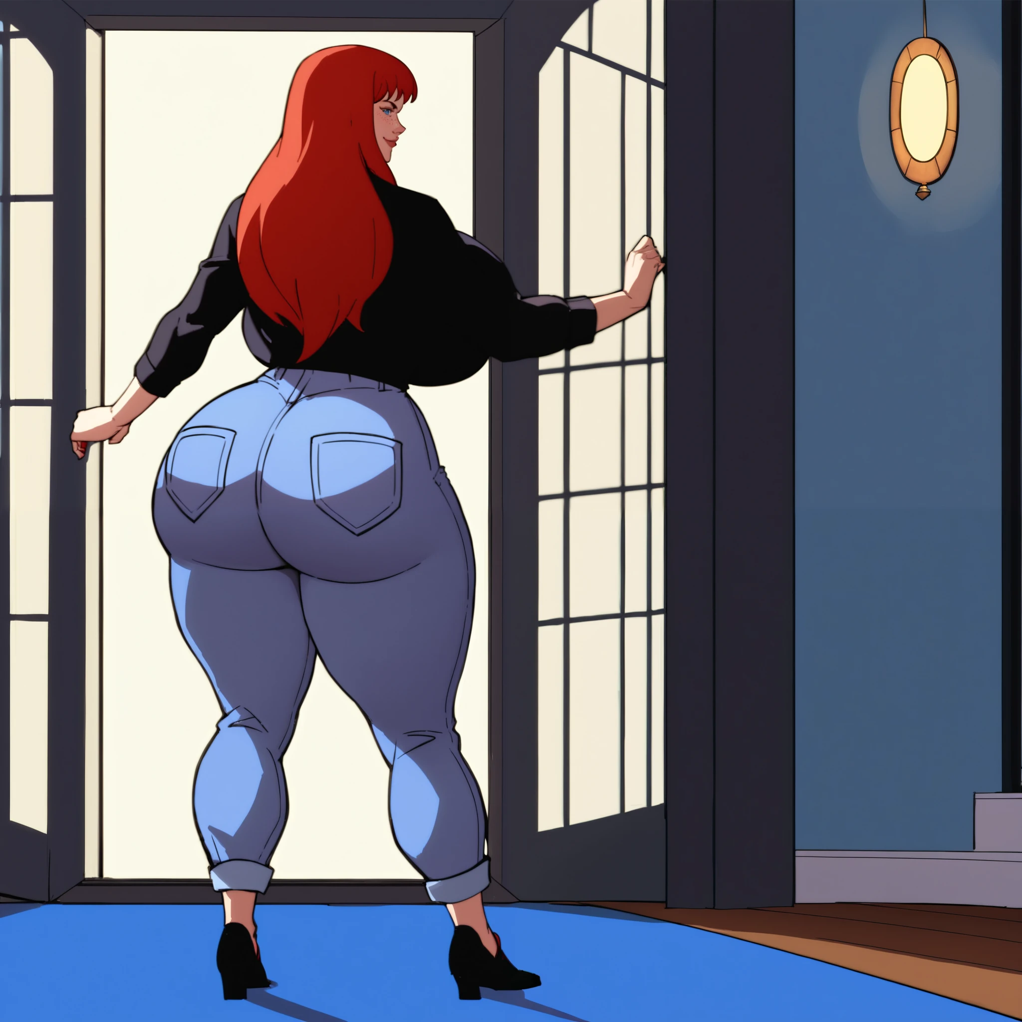 score_9, score_8_up, score_7_up, score_6_up, score_5_up, score_4_up, BREAK, 1girl, MJ, freckles arcoss face, blue eyes, dark red hair, black shirt, dark blue jeans, blue black shoes, very long straight hair, 1girl, ((huge breasts, huge butt, thick thighs, curvy hips)), full body view, back view, highly detailed, masterpiece, standing, seductive smile, inside new york apartment background, dark blue walls, blue carpet, at night, moon shining down through window.