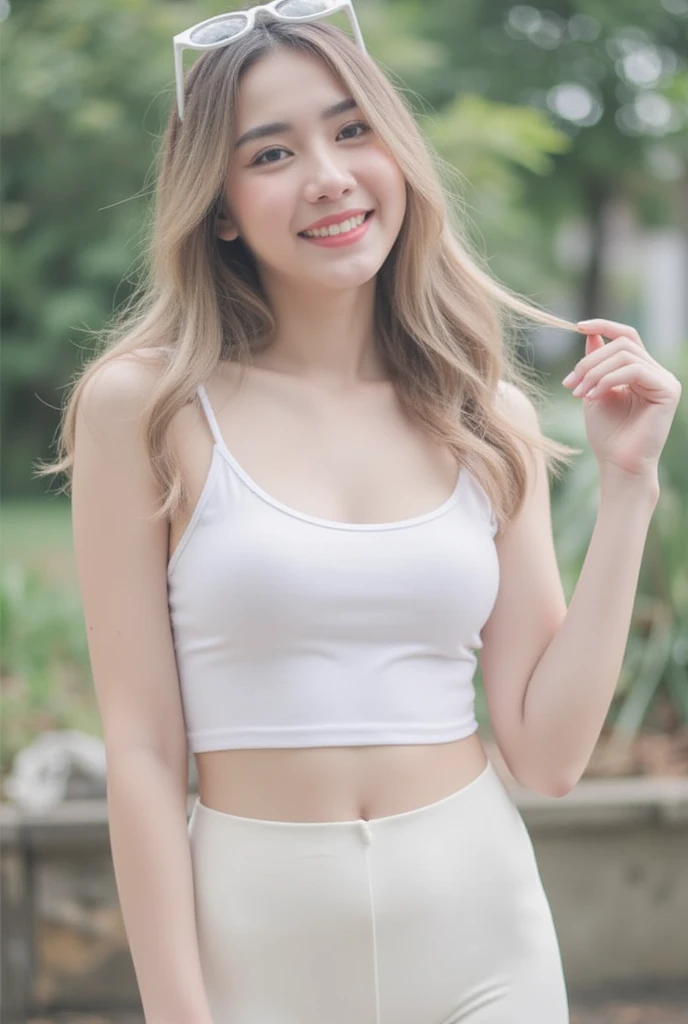 Japanese Girls、the way、(（highest quality，masterpiece，超A high resolution）)，（Realistic：1.4），1 girl，Head to Knee，Dynamic posture，Adult face，slim，thin、(smile)，（Shiny skin），（overview，frontage，Twilight），Gray Hair，Long white hair，Rainbow Eyes，Large Breastini skirt)，(Clear Eyes)，(Beautiful nose)，(Transparent lips)，(Fair skin)，(Ultra-realistic woven texture)