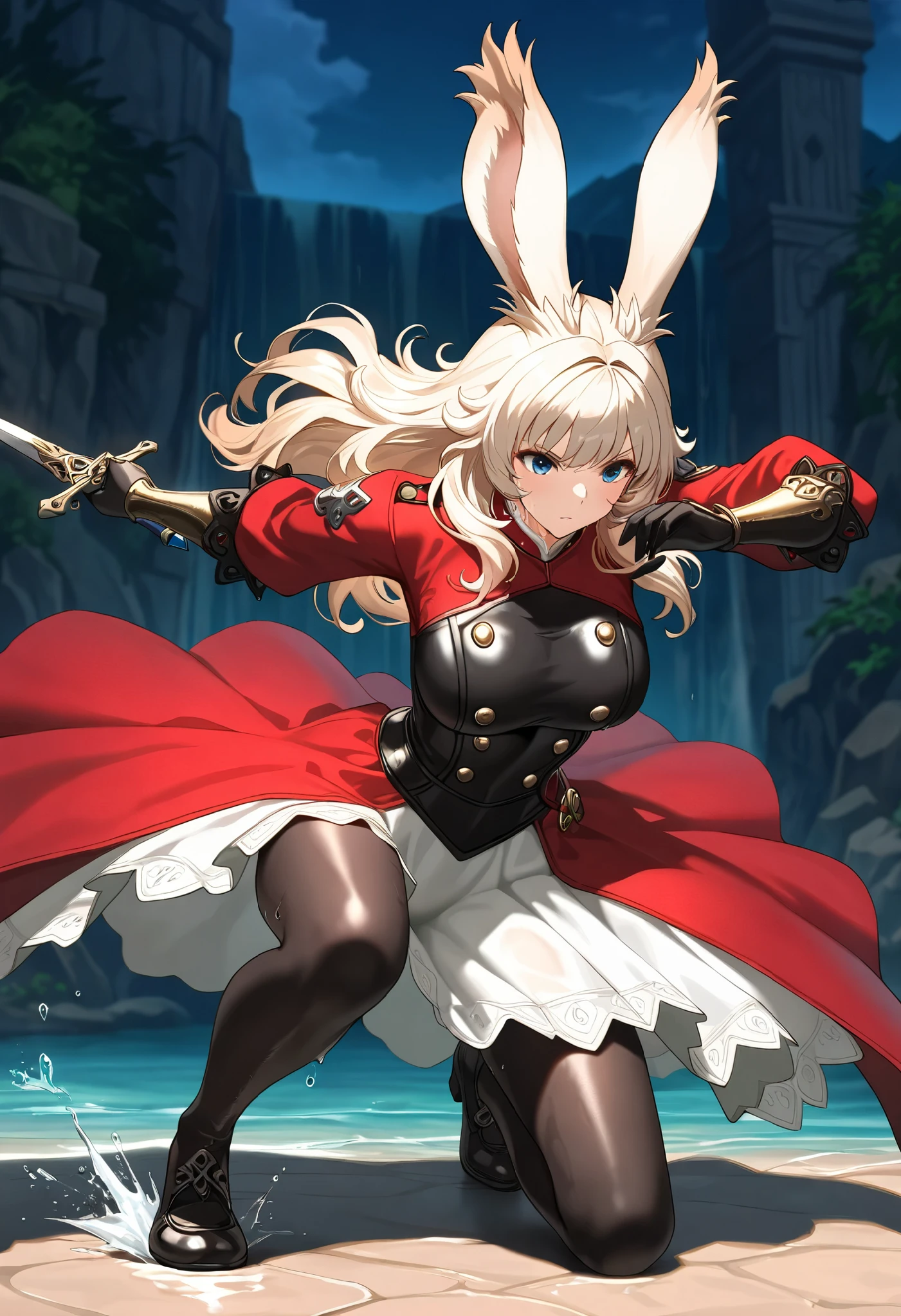 (((( Masterpiece)))), (((( top quality)))),  high resolution,fine grain, detailed face,  wet,viera,princess,  action, big breasted with a cross eye, full body shot