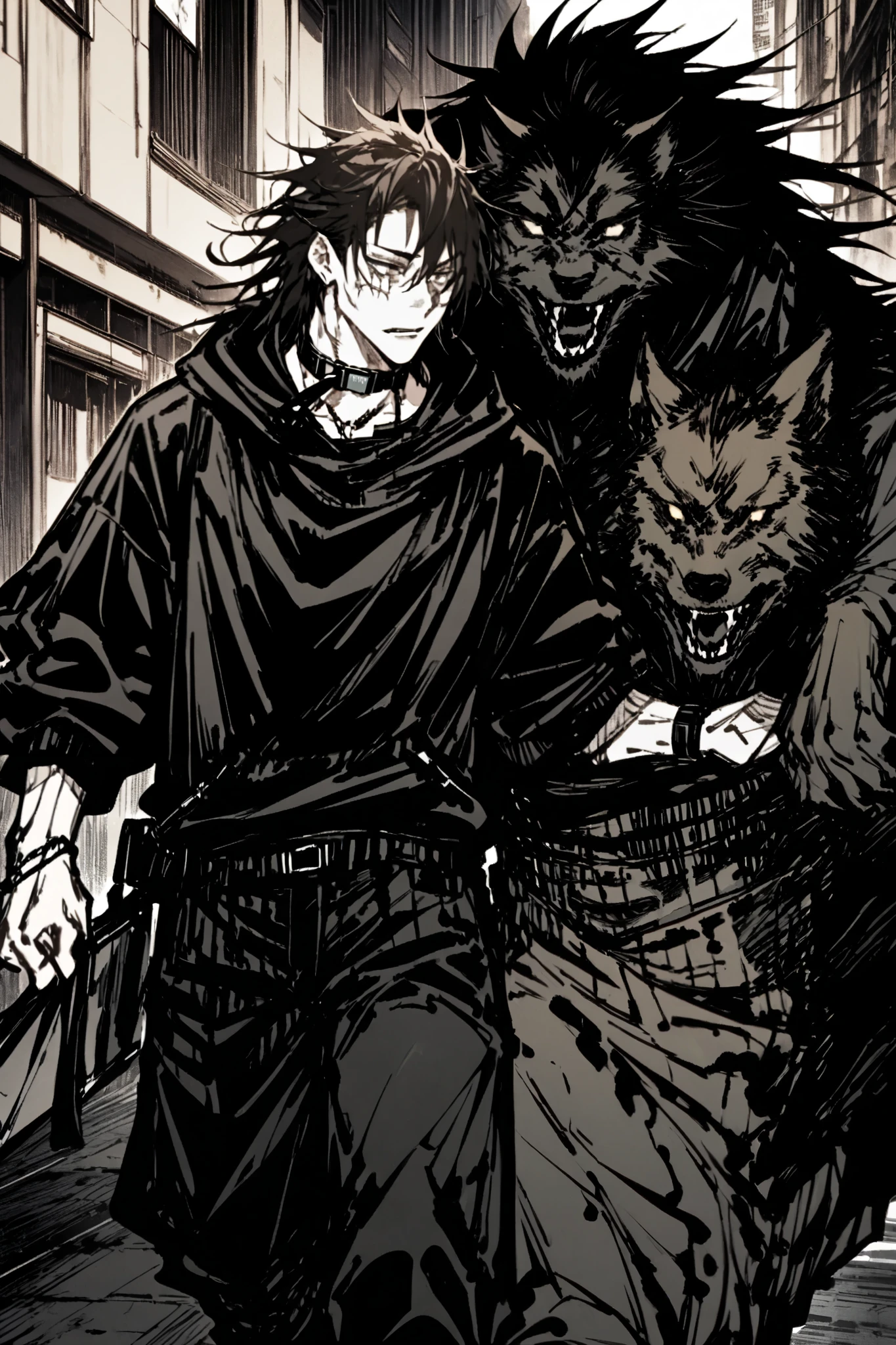 appearance: Riku has short and messy hair , of a dark brown shade . He wears modern urban style clothing , such as hooded jackets and comfortable pants , but he also carries small technological devices in his clothes to improve his abilities . He has a scar on his right cheek that he obtained during a confrontation with a hacker gang. Kumo , his werewolf , always accompanies him , and wears a tracking device on his collar .