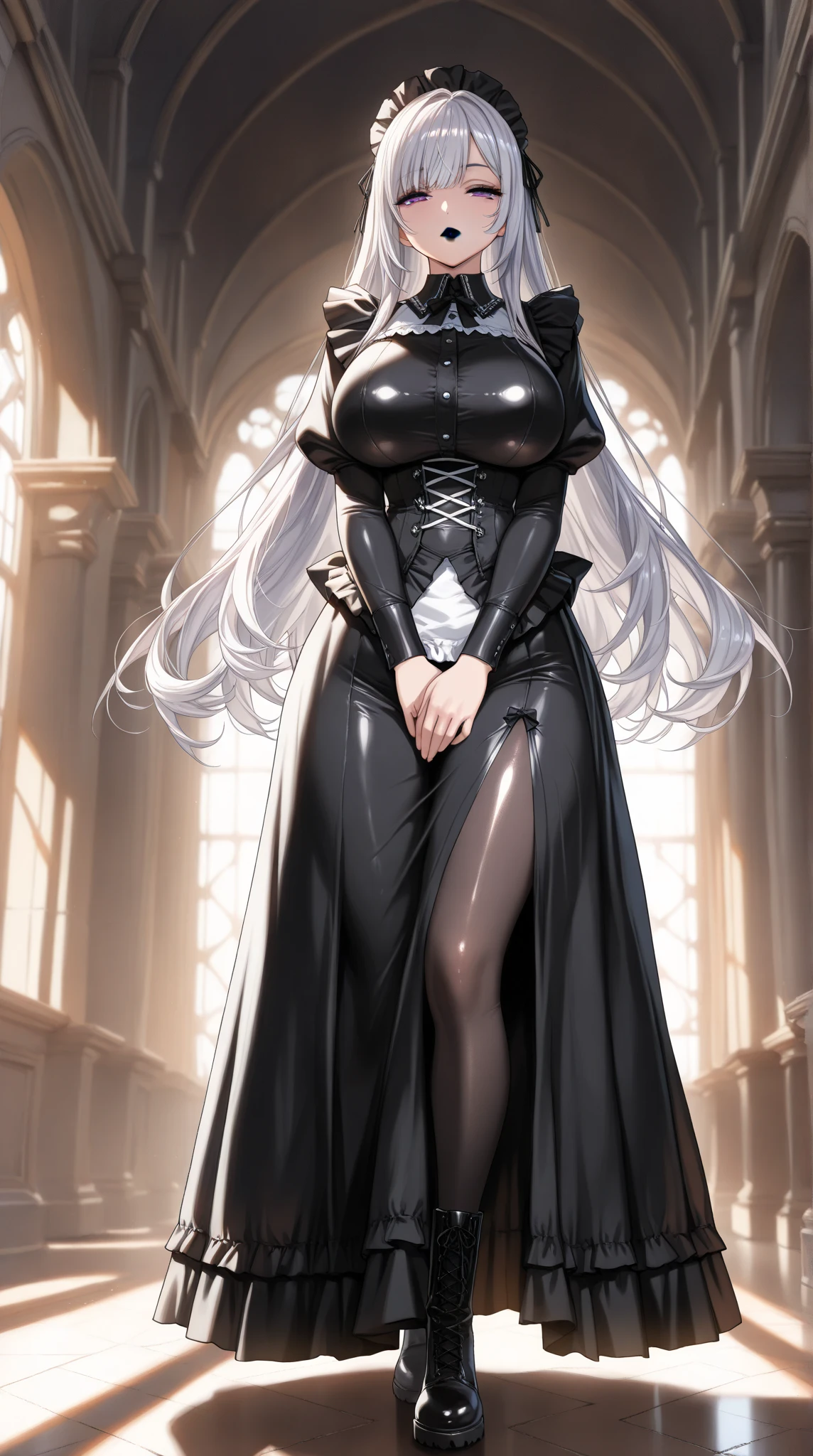 best quality, masterpiece, highres, solo, {black business suit:1.40}, {tie:1.20}, {sunglasses:1.25}, {white gloves:1.15}, {white shirt:1.10}, {black skirt:1.15}, {smoking:1.20}, handsome, {implacable_azurlane:1.15}, long_hair, blonde_hair, bangs, breasts, hair_between_eyes, large_breasts, red_eyes, blush, nun, horns, cleavage