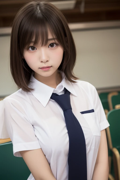 (8K、Raw photo、Highest quality、masterpiece:1.2)、(Realistic、Photorealistic:1.37)、Ultra-detailed、Ultra-high resolution、full body、 beautiful girl、Beautiful and well-proportioned face、、Beautifully detailed skin、Skin Texture、Professional Lighting、Big breasts that are about to spill out、(((medium hair,Bouffant)))、(((School Uniform 1.1)))、Model's pose