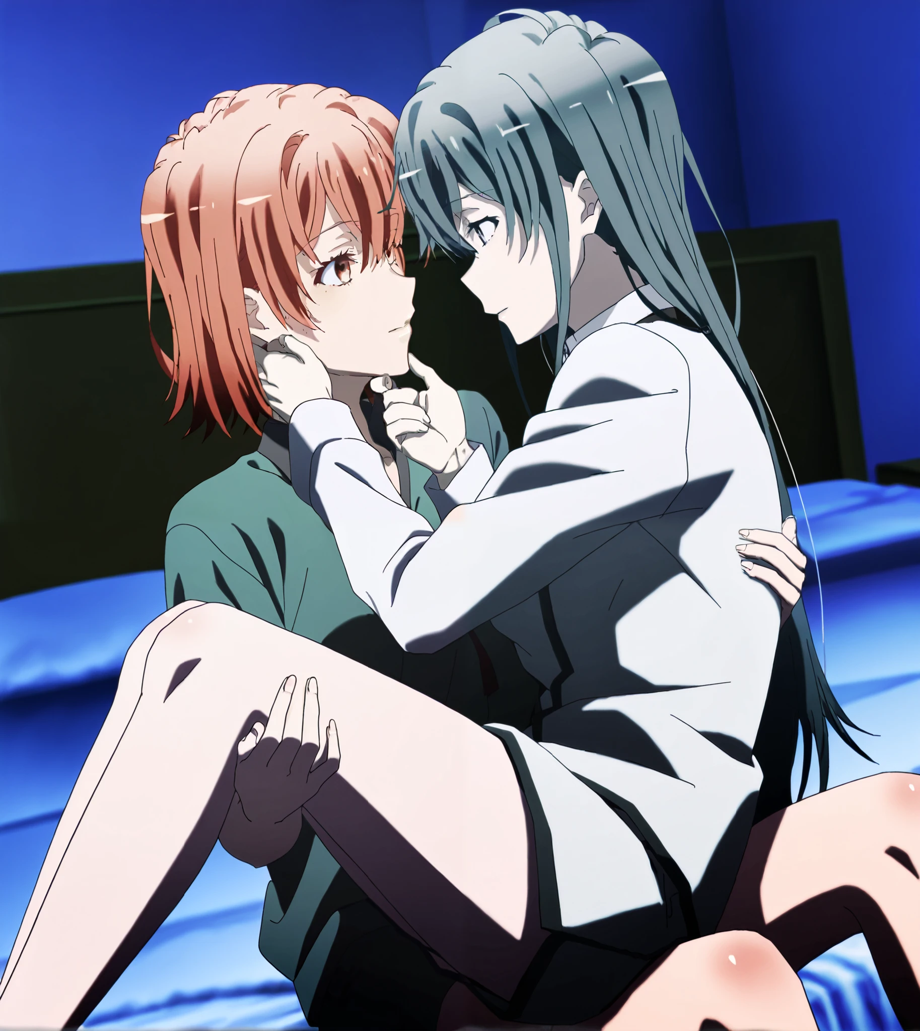 , princess carry, lying on person, sitting, hand on another's chin, 2girls, yuri, looking at another,, bedroom, on bed, [yukinoshita yukino], holding, [yuigahama yui]
