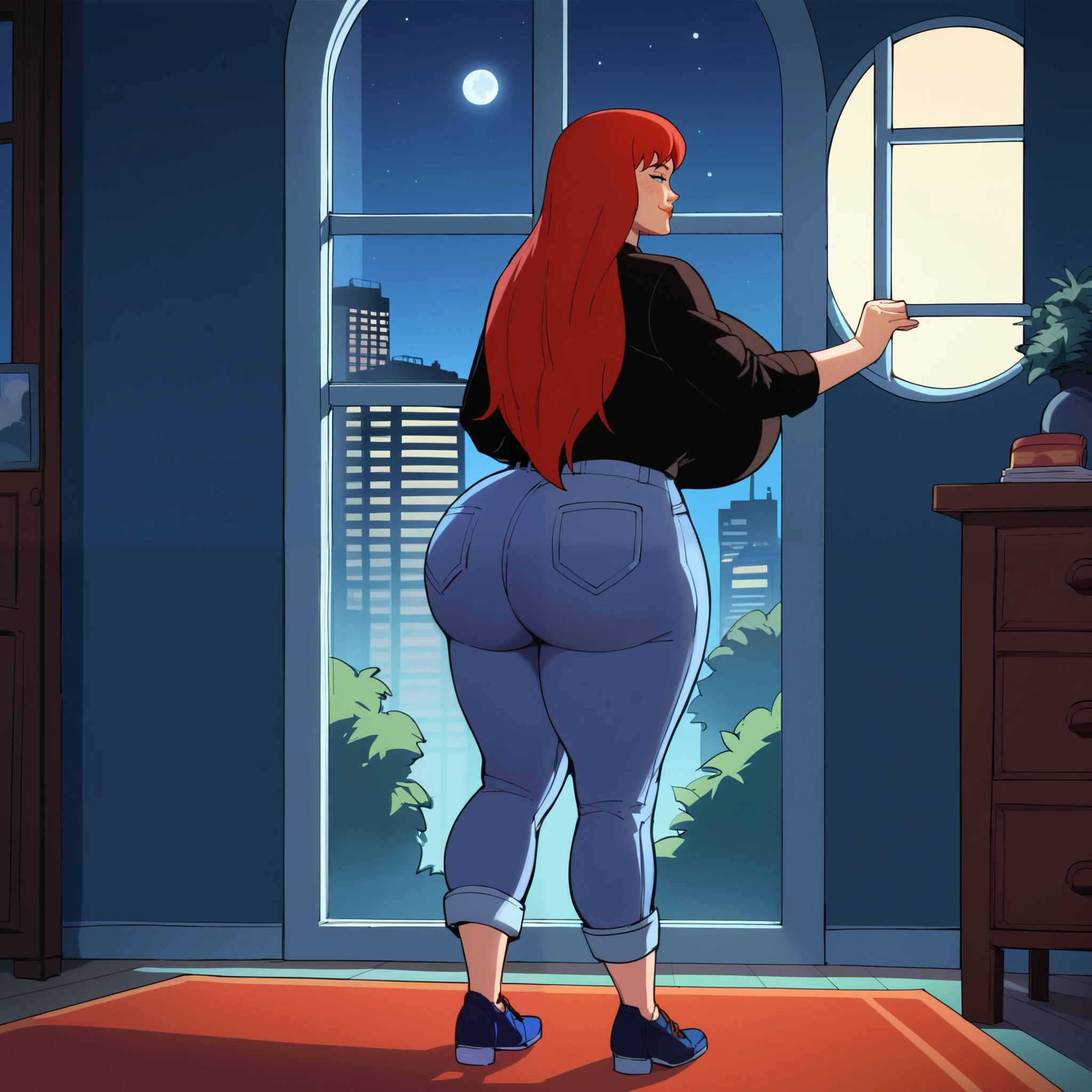score_9, score_8_up, score_7_up, score_6_up, score_5_up, score_4_up, BREAK, 1girl, MJ, freckles arcoss face, blue eyes, dark red hair, black shirt, dark blue jeans, blue black shoes, very long straight hair, 1girl, ((huge breasts, huge butt, thick thighs, curvy hips)), full body view, back view, highly detailed, masterpiece, standing, seductive smile, inside new york apartment background, dark blue walls, blue carpet, at night, moon shining down through window.
