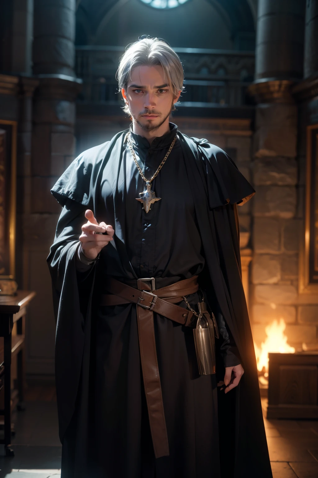 medieval times ,A man who looks seasoned, Short hair covering her forehead , short beard. wearing a silver chain in a black robe. looking around with sharp eyes . The background is a dark office