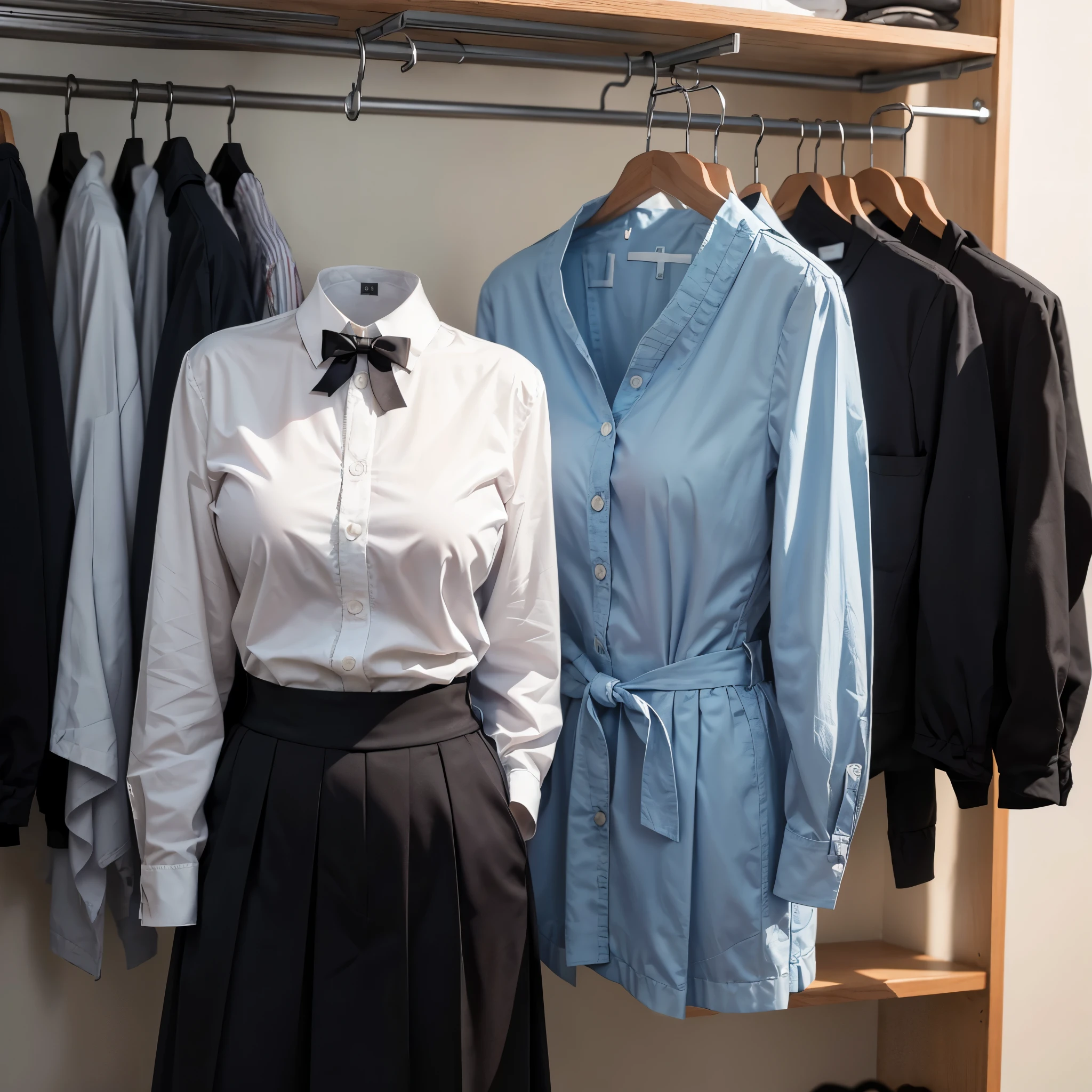 (girls' school blouse on hanger:1.7) , (school blouse on hanger swells as if worn by invisible girl:1.7),((invisible, no humans:1.7, headless:1.7, handless, legless)), (big breasts:1.9),(on bed),(arms up),
(8k, RAW photo, best quality, masterpiece:1.2), (realistic, photo-realistic:1.37),photon mapping, radiosity, ((Hasselblad photography)),physically-based rendering,