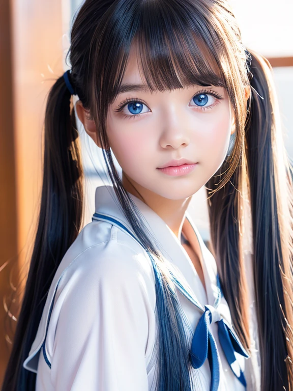 (masterpiece), (highest quality), (Super detailed),(Disheveled Hair),(figure), (One girl), Are standing, smile, Beautiful fine details, Bright Blue Eyes, Beautiful face in every detail, (kamisato ayaka: 1.2), Focus on the face, ponytail, kamisato ayaka(Genshin Impact), Light blue hair, Detailed Hair, bangs, Best lighting, Best Shadow, Very detailed, Vibrant