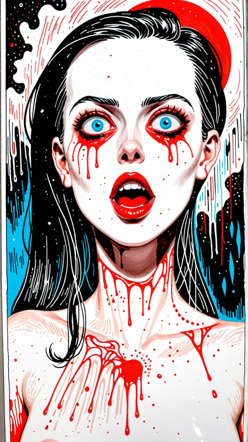 <lora:RalphSteadman:1>a drawing of a woman dressed as a zombie with blood dripping down her face by Ralph Steadman