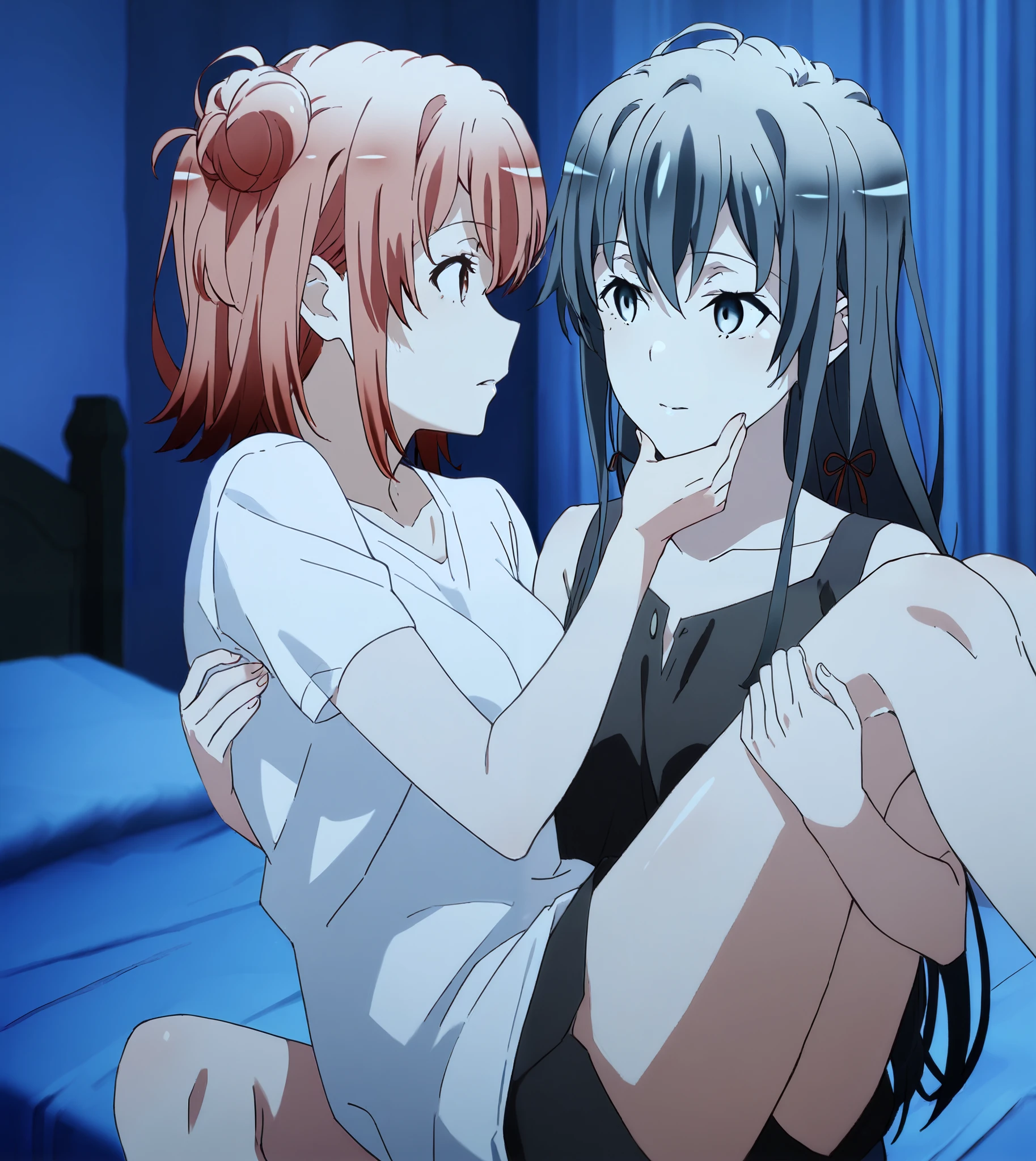 , princess carry, lying on person, sitting, hand on another's chin, 2girls, yuri, looking at another,, bedroom, on bed, [yukinoshita yukino], holding, [yuigahama yui]