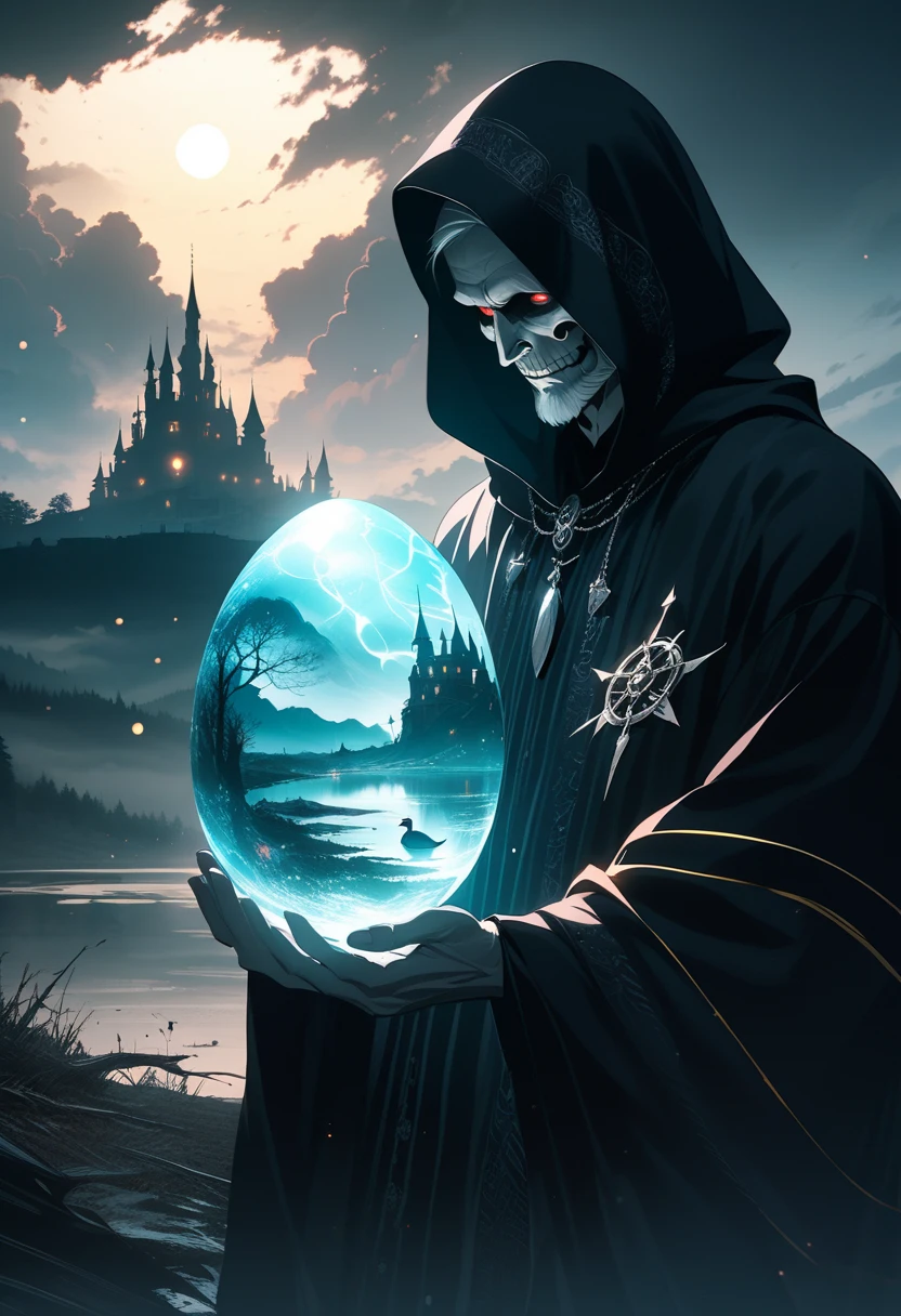 8k, extremely detailed, film lighting, a wizard skeleton, with red eyes, holding a crystal ball