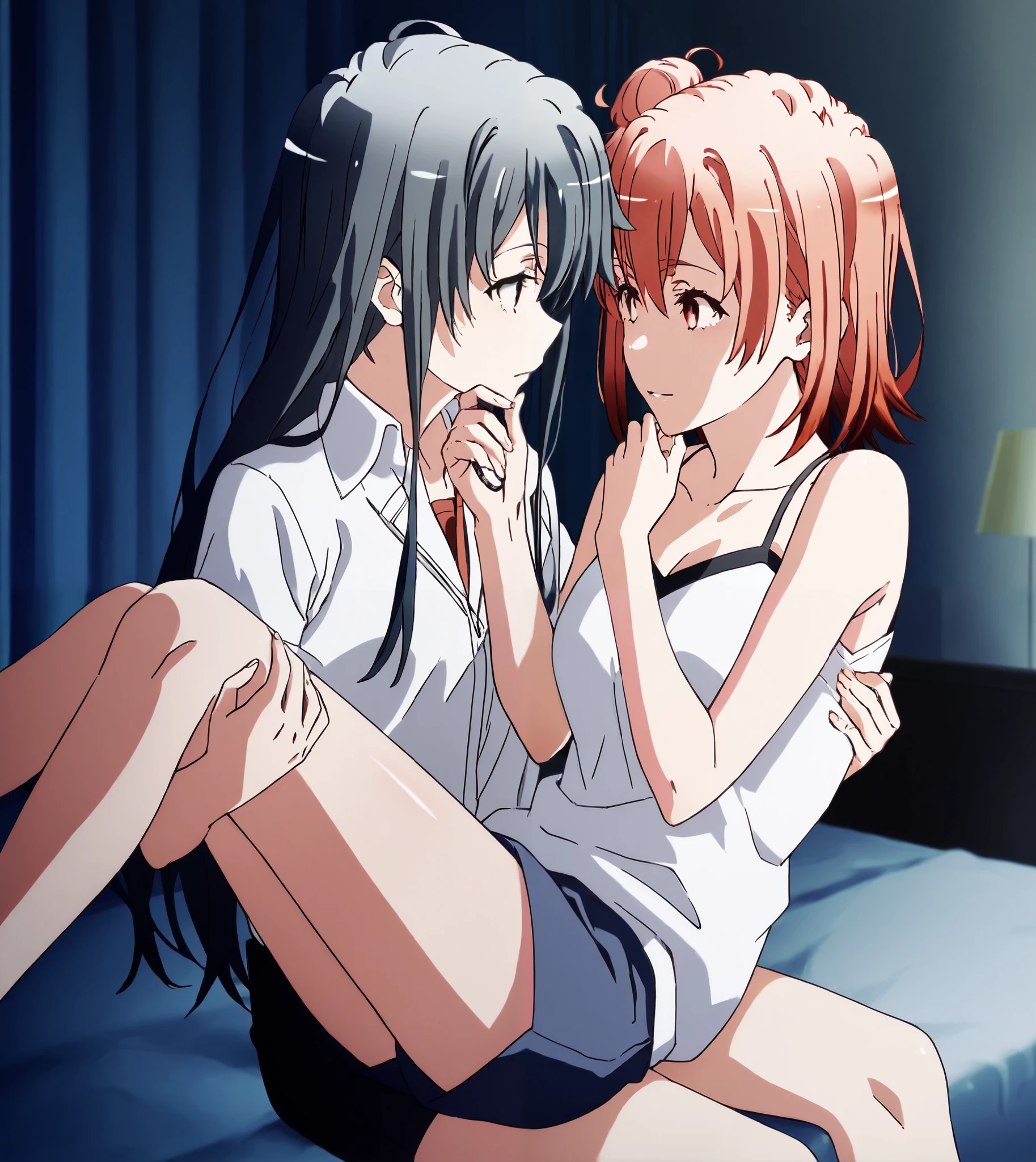 , princess carry, lying on person, sitting, hand on another's chin, 2girls, yuri, looking at another,, bedroom, on bed, [yukinoshita yukino], holding, [yuigahama yui] , eyes detailed 
