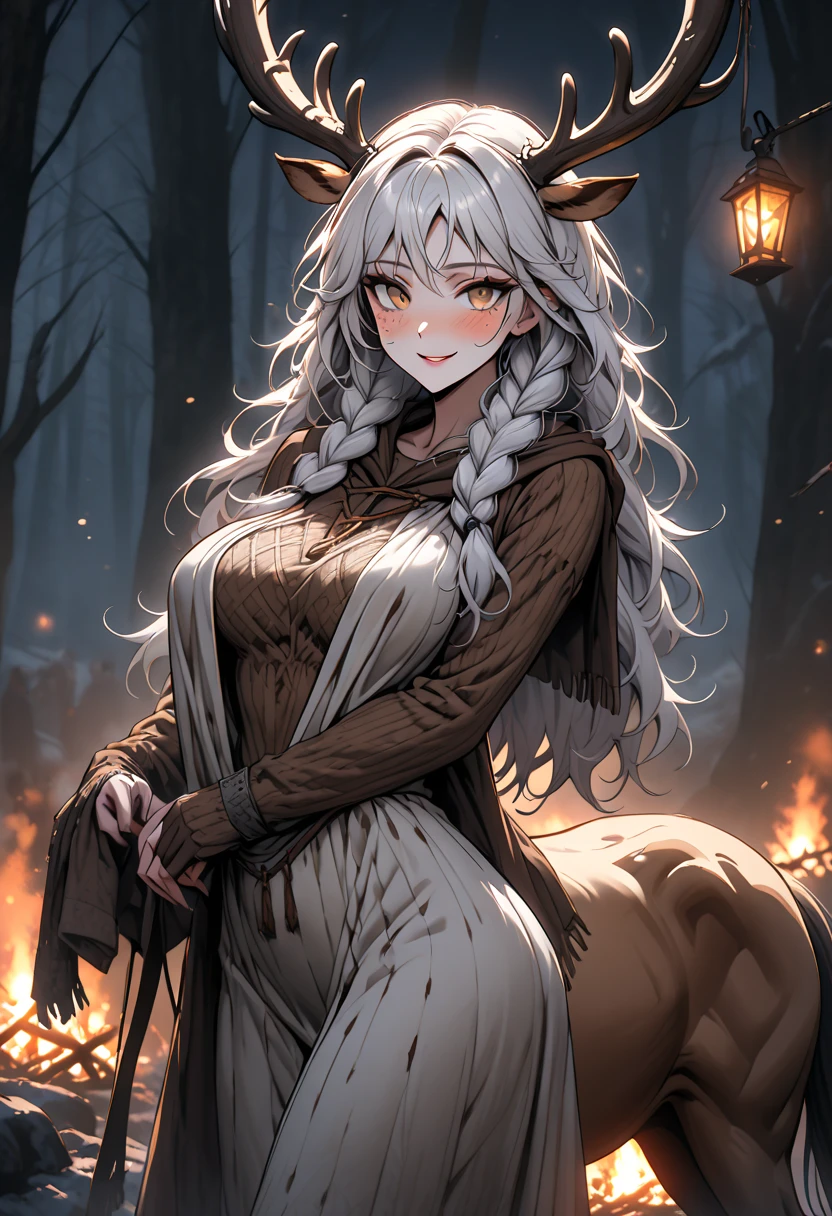 ultra-detailed, masterpiece, masterwork, high quality, best quality, hdr, (nature, night), posted on e621, (by hioshiru), nsfw, female, solo, (white body minotaur), hairy dragon, (little tits, pubic hair), (long silver hair, yellow eyes), standing, from below, dynamic angle