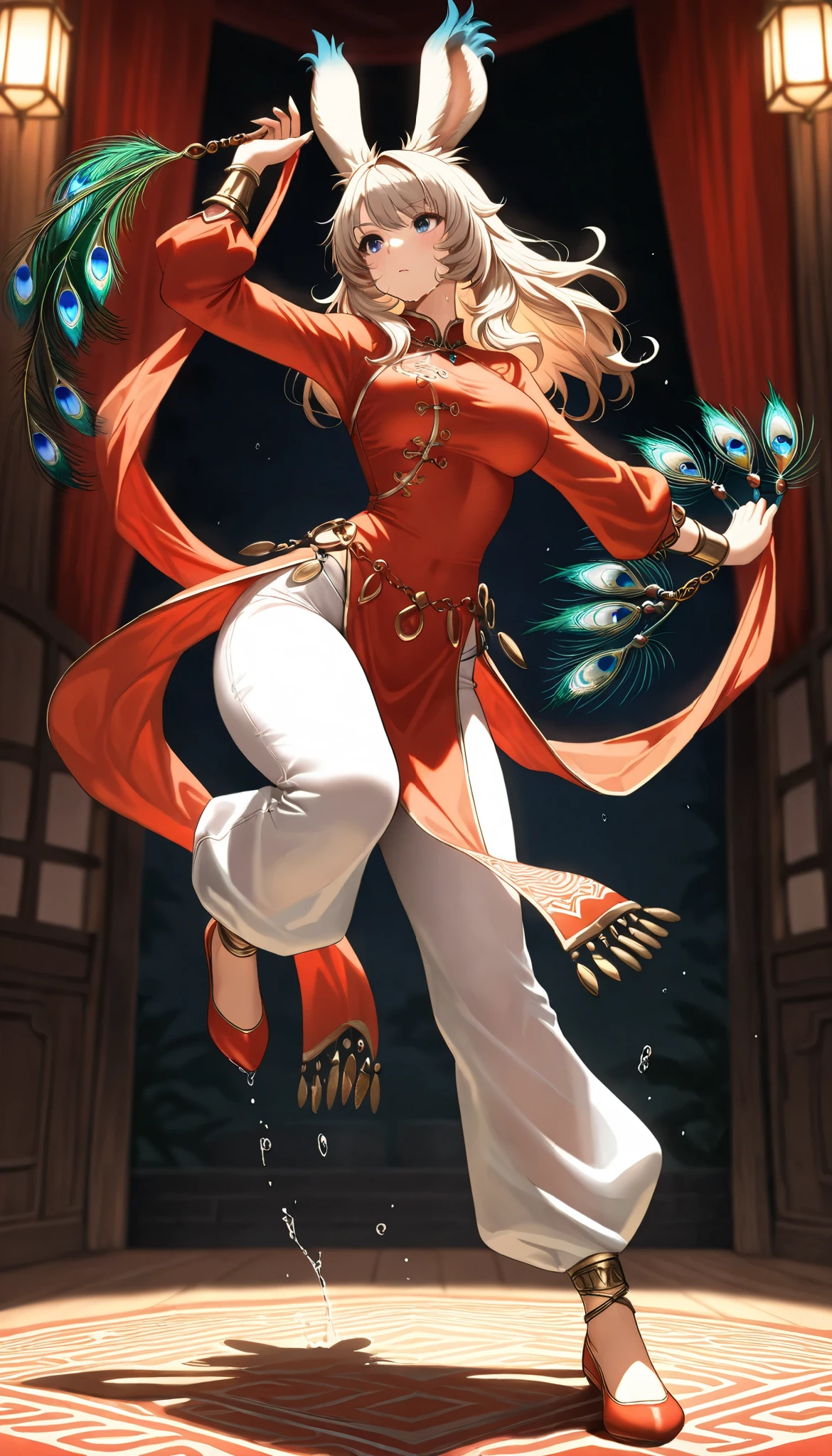 (((( Masterpiece)))), (((( top quality)))), high resolution,fine grain, detailed face, wet,viera,Dancer, Ao Dai, Peacock Feather, action, big breasted with a cross eye, full body shot