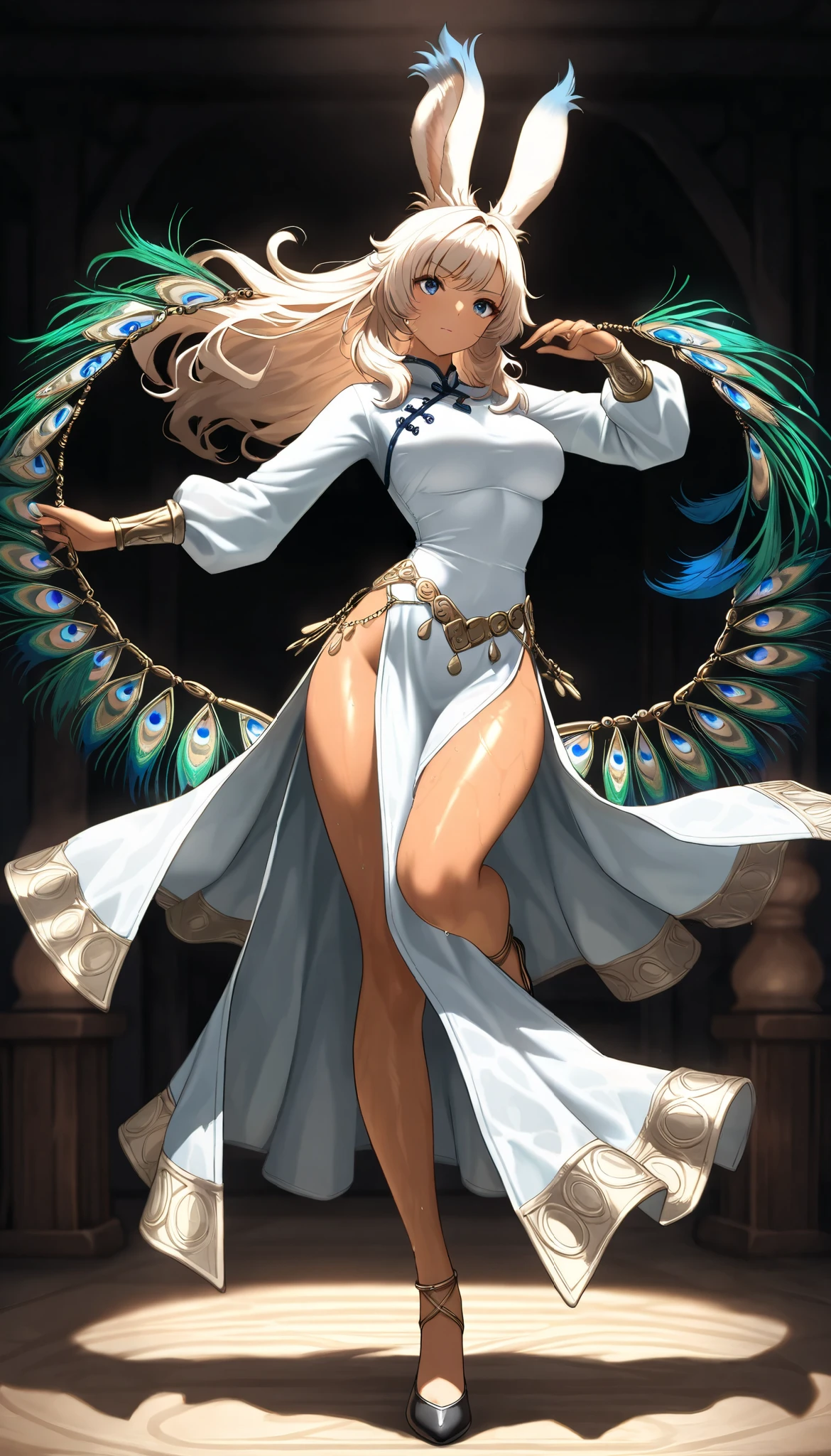 (((( Masterpiece)))), (((( top quality)))), high resolution,fine grain, detailed face, wet,viera,Dancer, Ao Dai, Peacock Feather, action, big breasted with a cross eye, full body shot