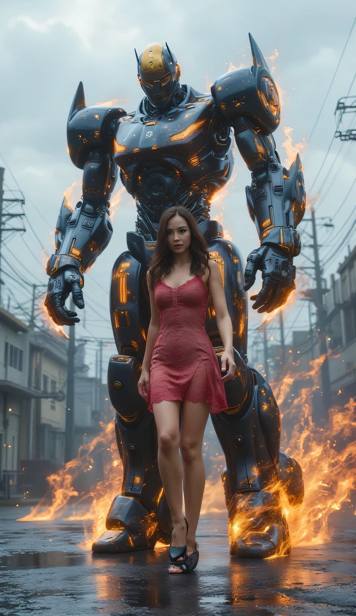 there is a woman in a dress standing in front of a giant robot, by Don Maitz, portrait of sofia vergara, promotional art, attractive brown hair woman, retropunk, protagonist in foreground, inspired by Louis Pohl, mechanic, anime visual of a young woman, compute shader, inspired by Donato Giancola, youtube thumbnail, chrome art