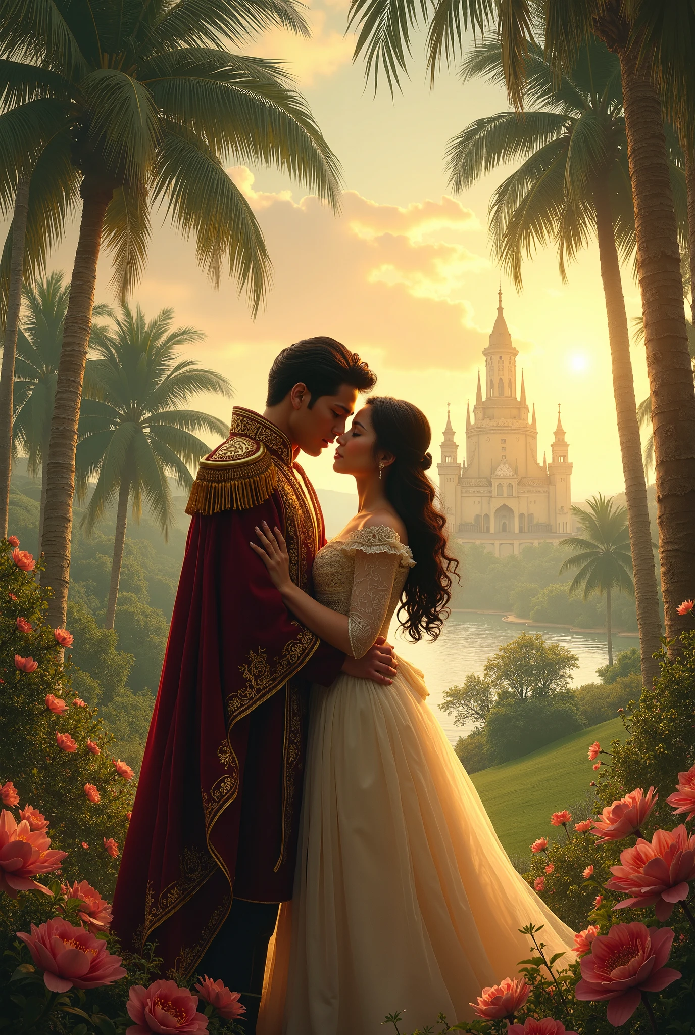 young couple, blue castle, kissing, aster purple flower