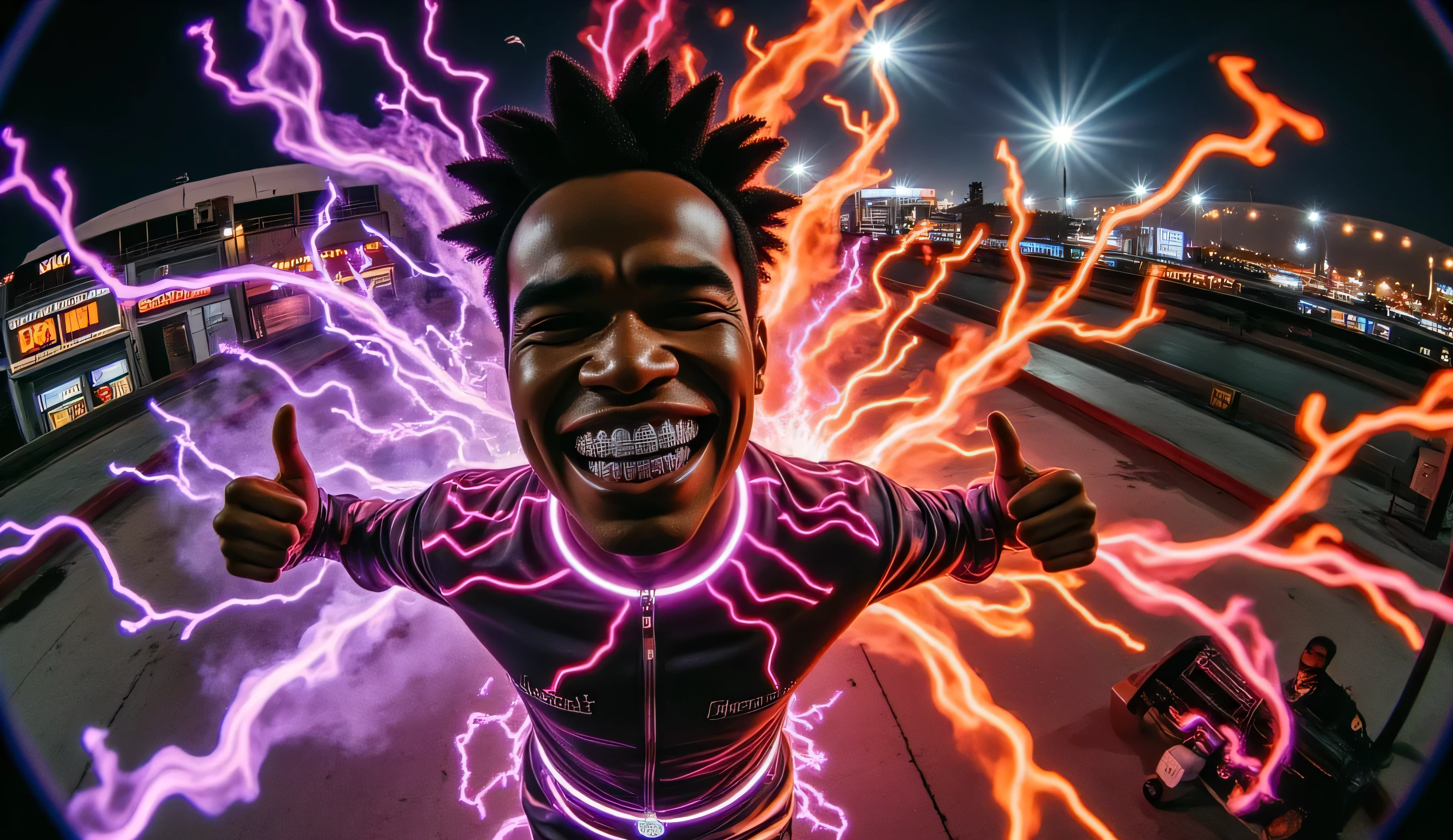 gr!llz, in the style of Jed-clrfl , 3DMM, Ebony character enveloped as Ong from The Last of the Airbender in intense thick colored energy. Their face is obscured by the overwhelming thick glow::7.2 , large anime energy aura size 6 inches from body emphasizing the sheer power they are unleashing::6.4 .smiling into the camera, fish eye lens realistic photograph with a wide smile, its teeth are encrusted with shiny platinum diamonds.