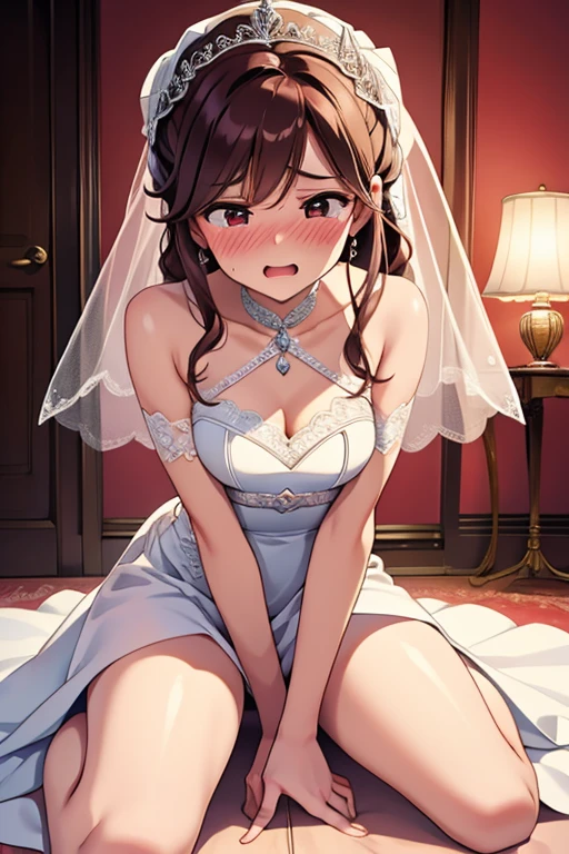 highest quality,best quality,((1girl,crowd:1.3)),((big breasts:1.3)),((orgasm,blush, sweat, open mouth, tears, tongue out:1.3)),Nanoha Takamachi,takamati nanoha,((long hair,straight hair:1.3)),((wedding dress:1.3)),mini skirt,white thighhighs,panty shot,upskirt,white panties,church,Hand in panties,((((put one hand in your panties:1.3)))),wet,pussy juice