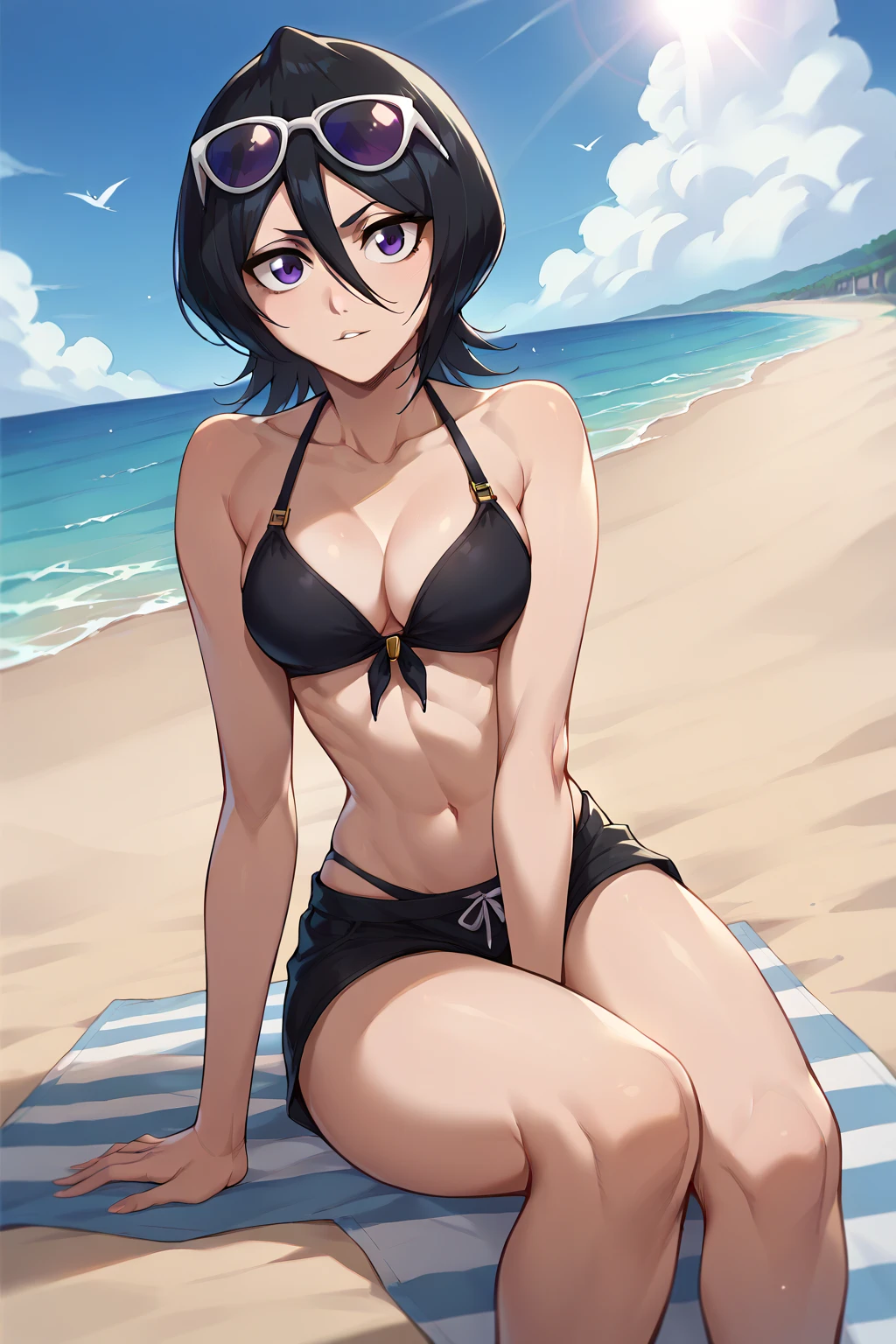 nsfw, 32k, best quality, ultra high res, HDR, UHD, extremely detailed CG, unity 32k wallpaper, One girl,High resolution, high quality, masterpiece, Purple eyes, Black Bikini, Beach, Black ponytail,