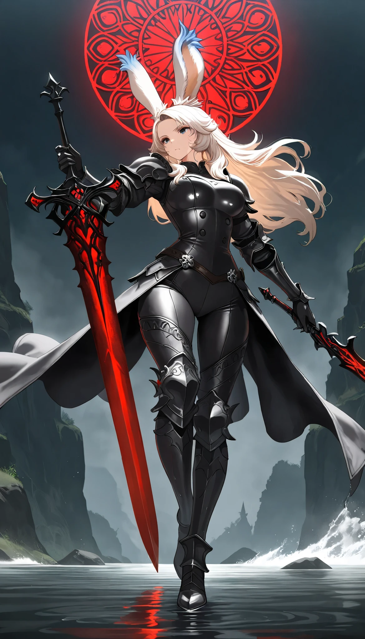 Beautiful images,Detailed Images,Official image,A woman wielding a Japanese sword,Blonde,Red Eyes,Ponytail Hair,Model body type,(Dark Skin:1.3),Elf Ears,Large Breasts,(Black sneak costume,Black bodysuit,Jet Black Cloak:1.3),