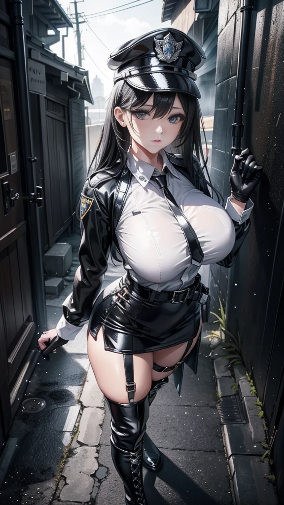 Photorealistic, high resolution, A Japanese Police woman named Kimmi, solo, heavy makeup, Hips up, (standing) (Detailed face), Black hair, Long hair, black and white corset, white lace Panties , black micro skirt, fishnet Stockings. Fully clothed.