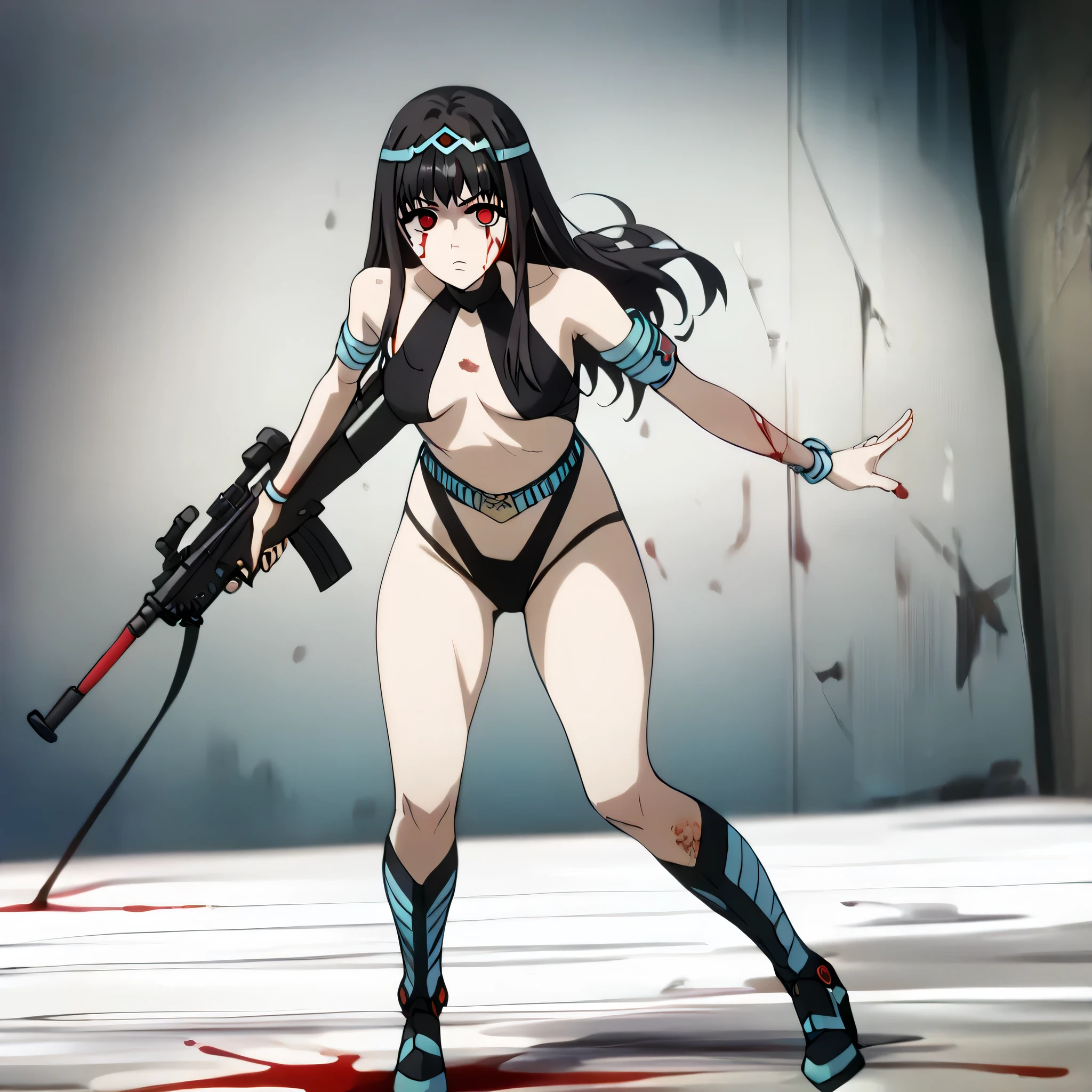 (((Masterpiece))), (((Best Quality))), ((Super Detail)), ultra-High resolution, score_9,score_8_up,score_7_up,score_6_up,score_5_up,score_4_up, BREAK, source_anime, anime screencap, uncensored, rating_explicit, Masterpiece, curvy, dark persona, empty eyes, expressionless, blank eyes, looking at viewer, full body, emotionless, Fighting Stance, horizontal pupils, black leotard, clothing cutout, high heel boots, knee boots, circlet, armlet, bracelet, belt, halterneck, (((solo, 1girl))), hair ornament, medium breast, m1sak1, long hair, black hair, red eyes, mechanical arms, futuristic background, apocalyptic background, blood on face, blood splatter, holding assault rifle