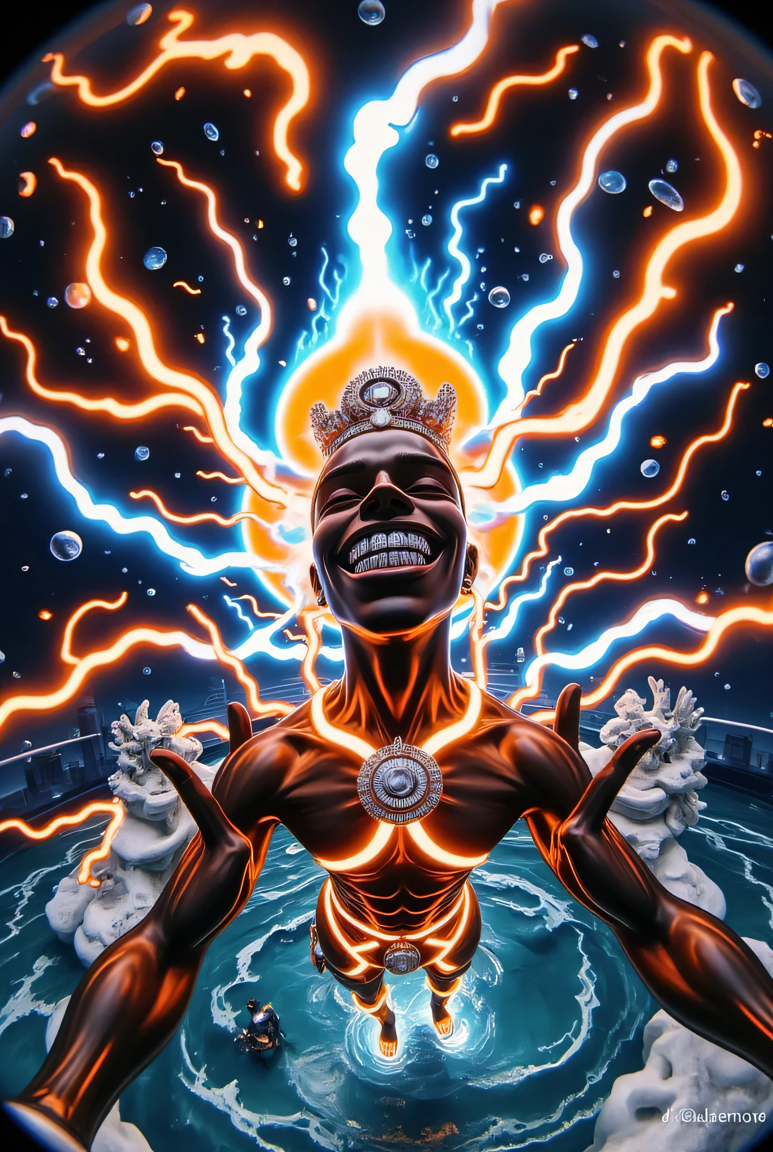 gr!llz, in the style of Jed-clrfl , 3DMM, Ebony character enveloped as Ong from The Last of the Airbender in intense thick colored energy. Their face is obscured by the overwhelming thick glow::7.2 , large anime energy aura size 6 inches from body emphasizing the sheer power they are unleashing::6.4 .smiling into the camera, fish eye lens realistic photograph with a wide smile, its teeth are encrusted with shiny platinum diamonds.