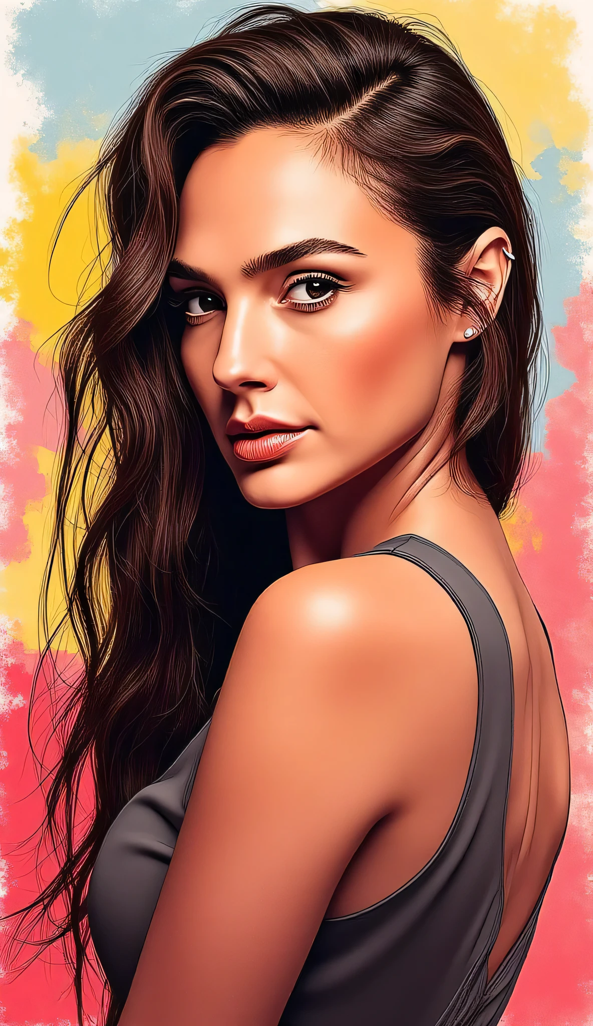 imagen discreet. with elegant clothes, discreet . , beautiful woman , hand drawn . SHE IS SEDUCTIVE , with a seductive smile . IMAGES WITH VIBRANT COLORS . with colorful background, long messy hair , front view