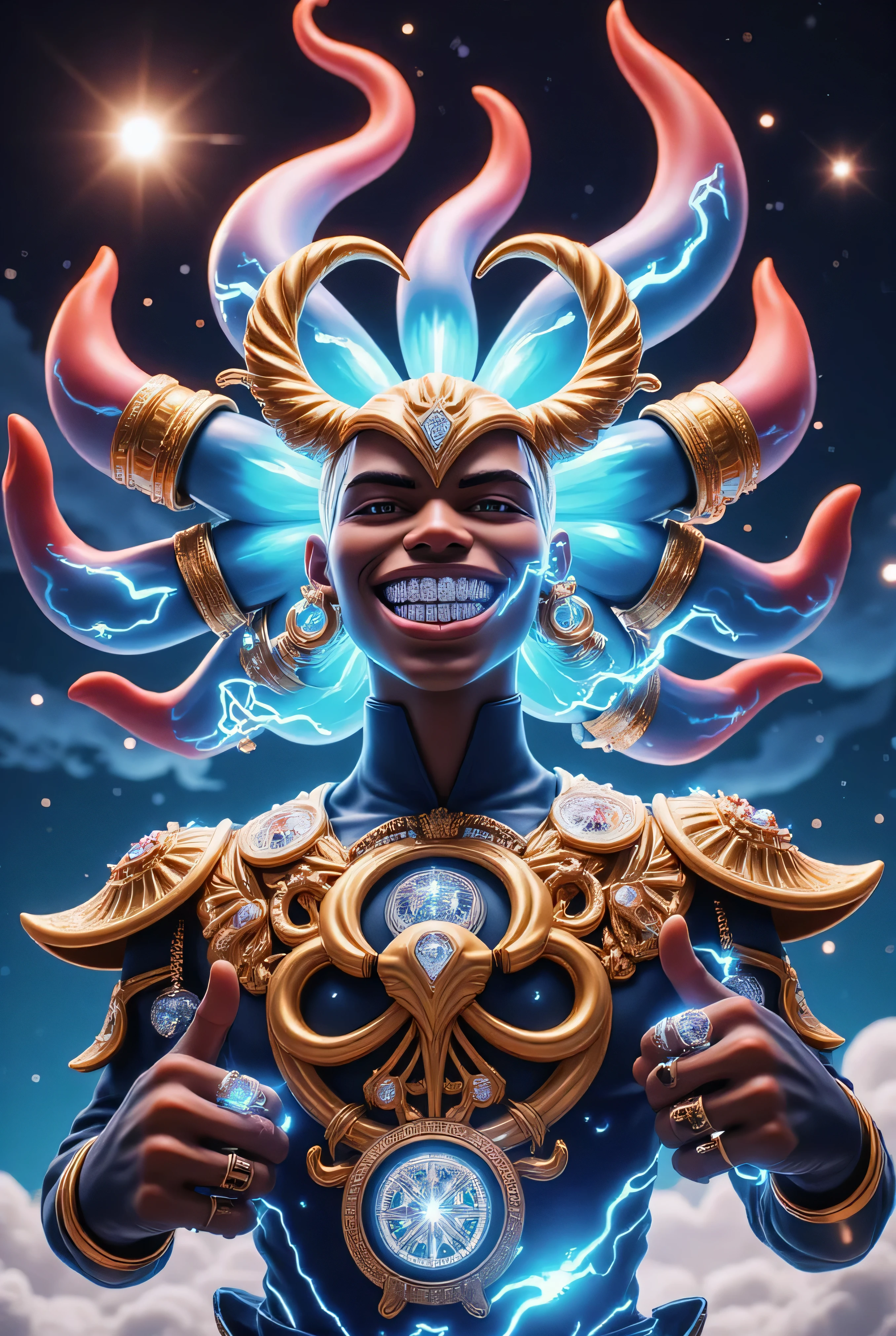 gr!llz, in the style of Jed-clrfl , 3DMM, Ebony character enveloped as Ong from The Last of the Airbender in intense thick colored energy. Their face is obscured by the overwhelming thick glow::7.2 , large anime energy aura size 6 inches from body emphasizing the sheer power they are unleashing::6.4 .smiling into the camera, fish eye lens realistic photograph with a wide smile, its teeth are encrusted with shiny platinum diamonds.