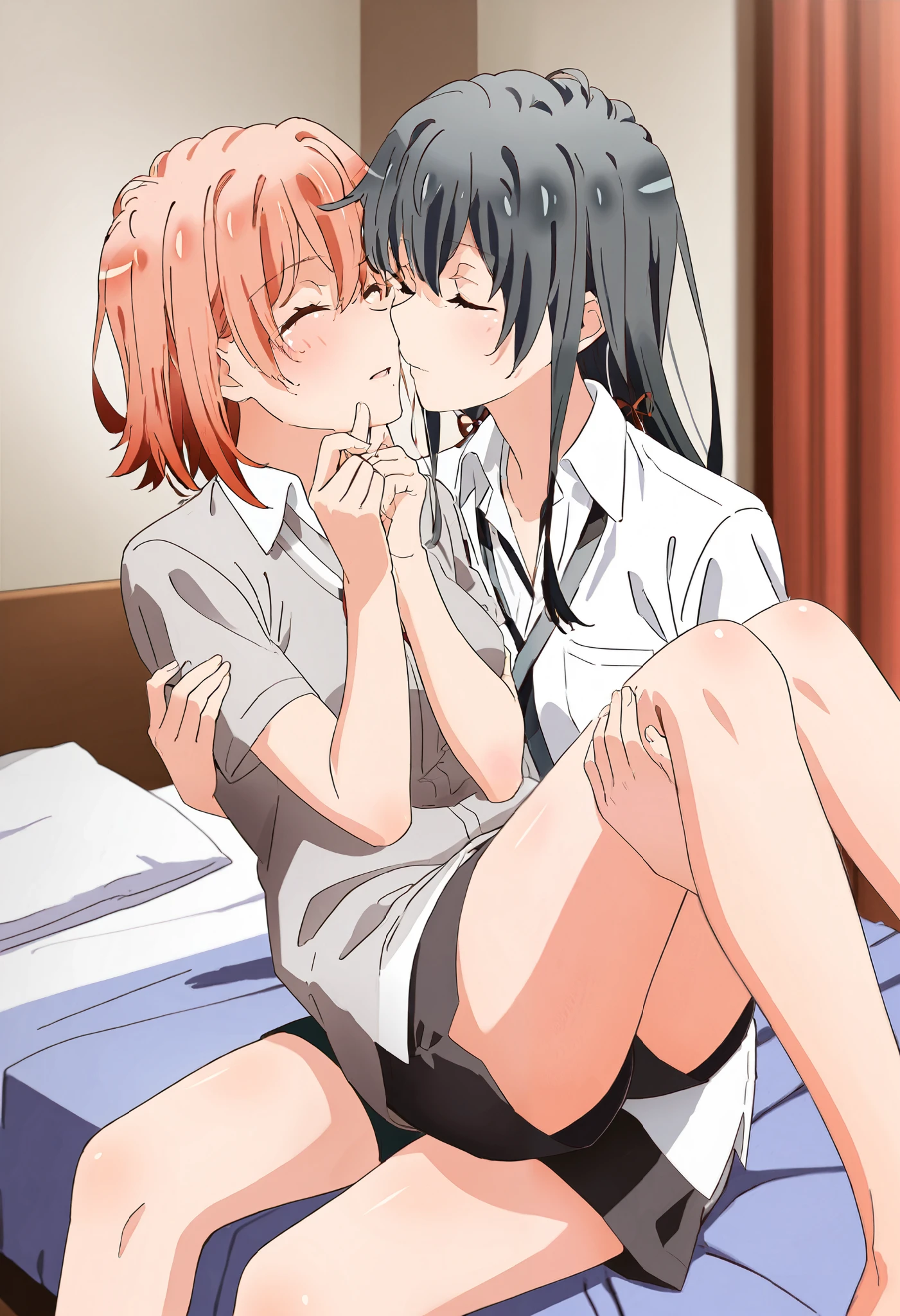 , princess carry, lying on person, sitting, hand on another's chin, 2girls, yuri, looking at another,, bedroom, on bed, [yukinoshita yukino], holding, [yuigahama yui] , closed eyes, deep kissing 