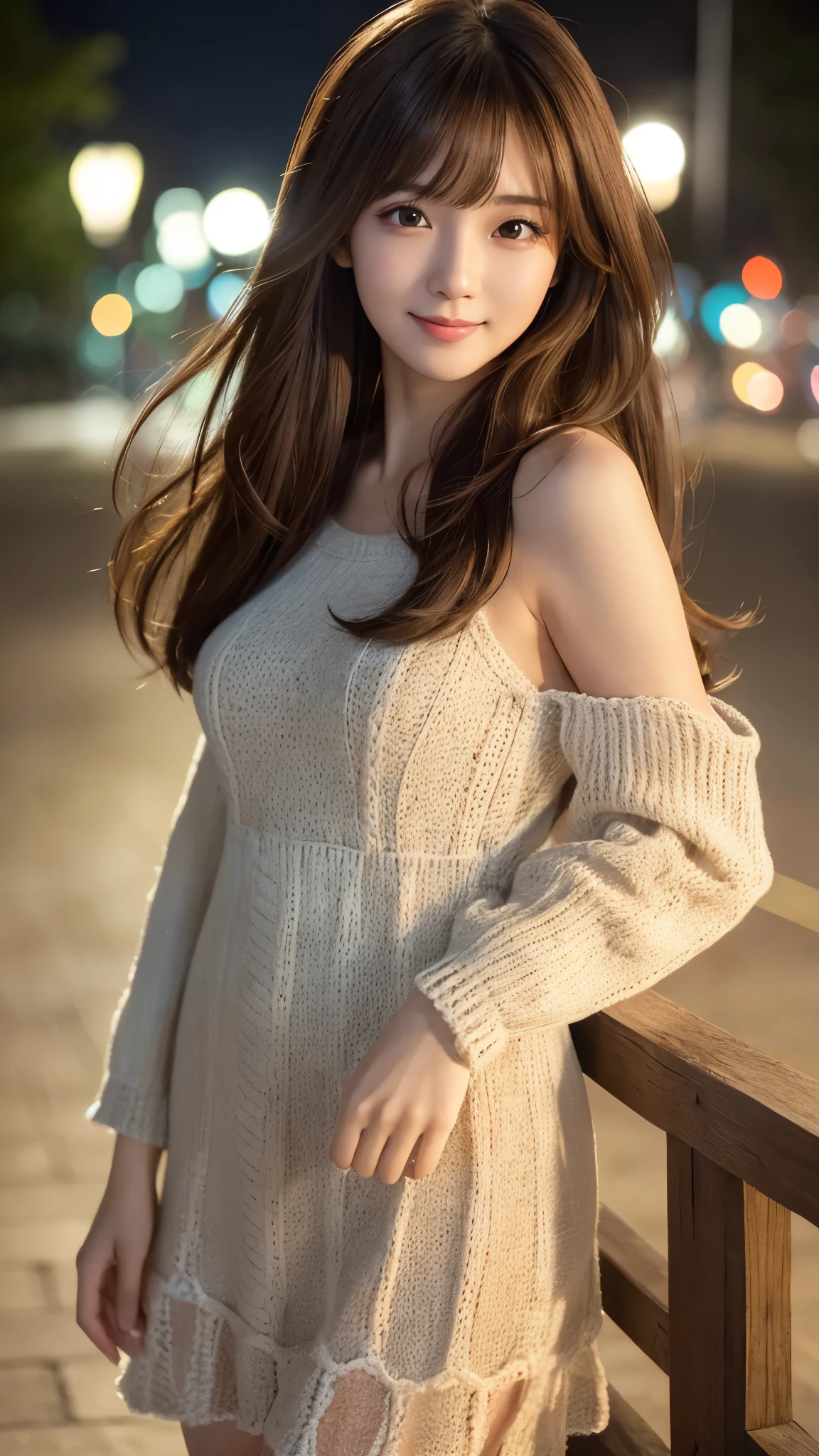 (8k, RAW photograph, highest quality, masterpiece:1.3),(Genuine,photograph:1.37),(Looking at the audience:1.331),Pause,Beachfront,Morning view,sunrise,sunny,One girl,とてもbeautiful顔,small,Hair weight,Fluffy hair,Random representation,Smile with the corners of your mouth,Big eyes,highest quality Hair,((highest quality)), ((masterpiece)), (detailed), whole body、wallpaper、Attention to detail、Perfect balance、Tight waist、Light brown hair、beautiful, Beautiful Skin、beautiful white skin、Russian Beauty、(masterpiece:1.3), 一眼レフphotograph、Best image quality: 1.4, (Rough long hairstyle:1.2)、Soft bust、Cleavage:1.4、Loose, lightweight knitwear