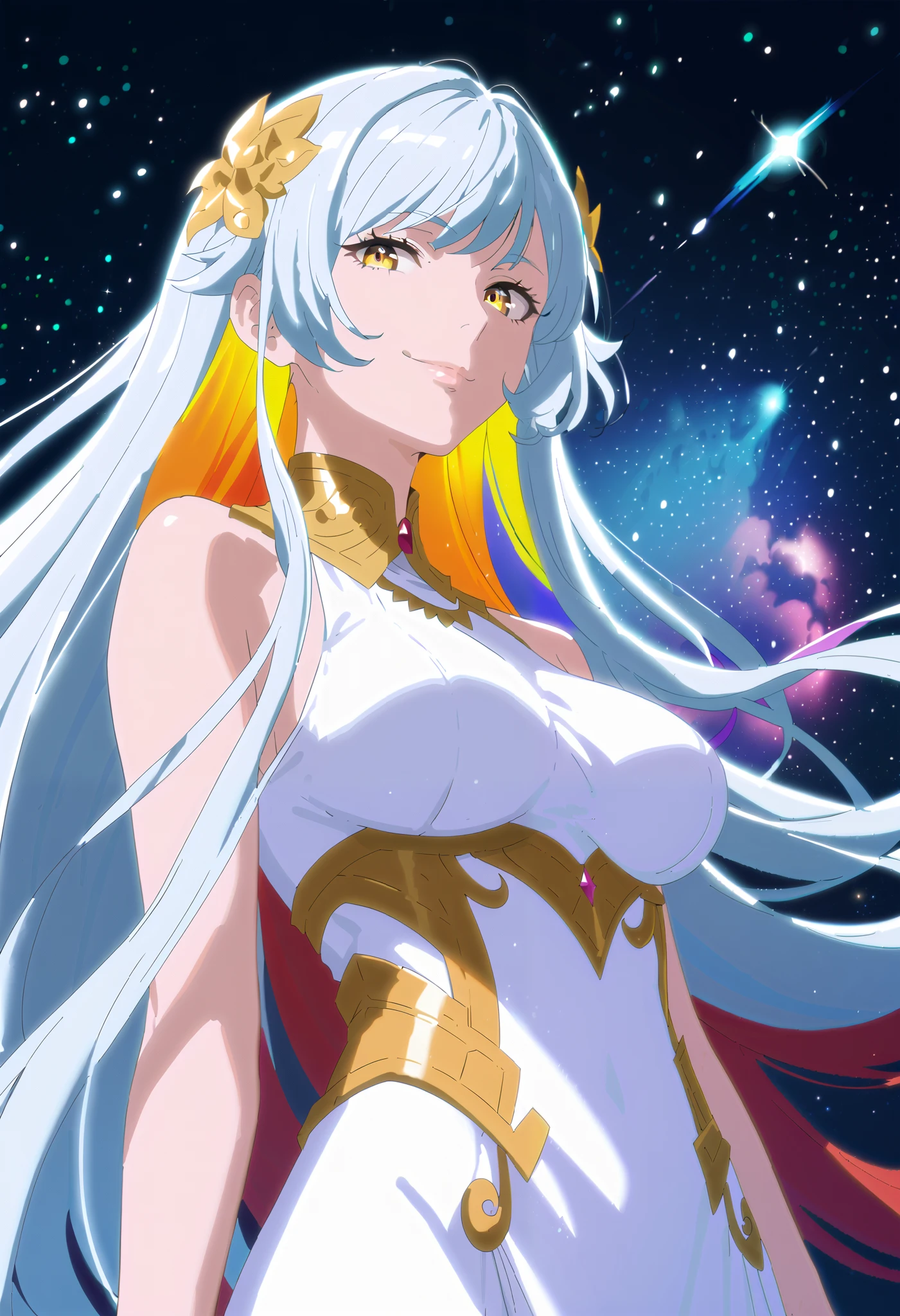 (high-quality, breathtaking),(expressive eyes, perfect face) 1girl, female, solo, white hair, rainbow inner, multicolored hair, very long hair, flowy hair, yellow eyes, cute smile, black background, portrait, symmetrical eyes, mature woman, white dress, sleeveless, bare shoulders, medium full shot, upper body, stars background, nebula background, shooting stars, goddess, large breasts, fantasy outfit,