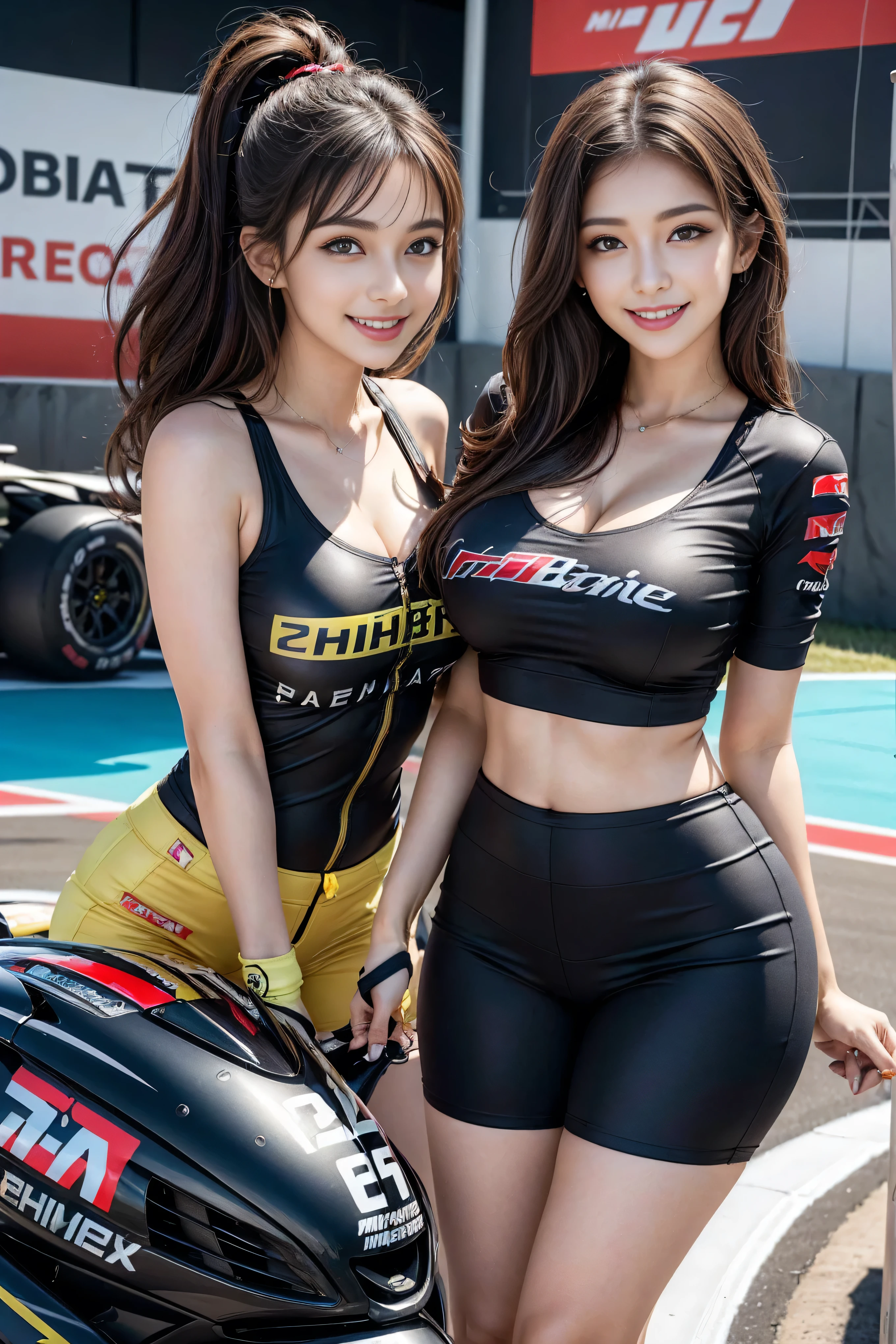 best quality, masterpiece, 8K, Ultra-high resolution, (Reality:1.4), 1 girl、Beautiful expression、Symmetrical eyes、Small Breasts、Perfect body proportions、trainingwear、Good exercise、Unbutton your chest、laughter、Looking at the audience、outdoor、River bank、Long legs(1.3)、Dark brown long hair、Smile、
