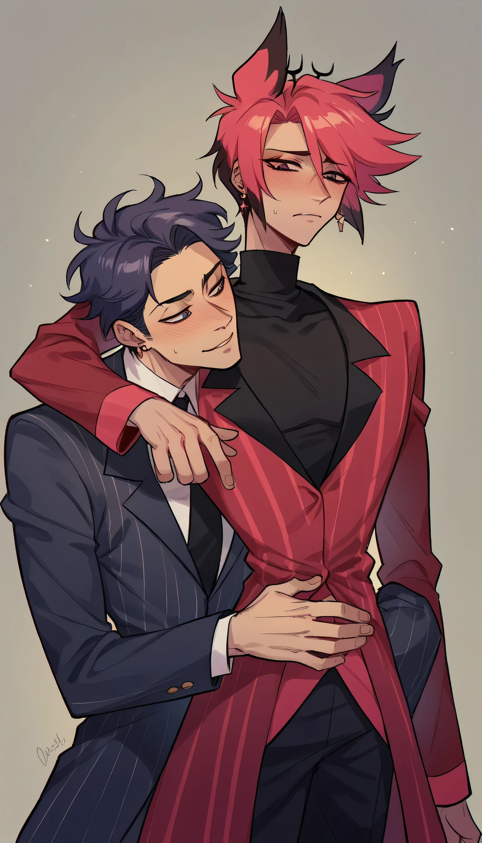 better quality, very detailed illustration ,two people, two boys, delgado, male body, thin waist , simple drawing, Artifyber style , pastel flat colors , suit and tie, turtleneck, trenchcoat, fancy, tall thin human man, boy fluffy hair, hugging from behind, head pressed against shoulder, looking down, Alastor