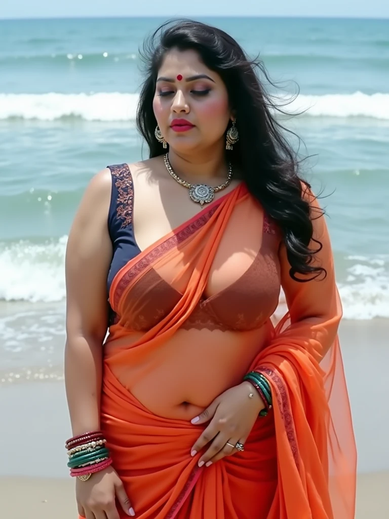 1 Heavenly beautiful and goddess beauty cute and sweet looking face Arabian woman in front of Glass Beach, California, Heavenly beautiful Overweight, Heavenly beautiful Extremely fat, Heavenly beautiful and attractive Chubby figure , Heavenly beautiful looking and eye catching luxury style saree , reaching out, Heavenly beautiful Arabian woman, 16k, High resolution, masterpiece, highest quality, fine skin, outside view, Realistic Photograph