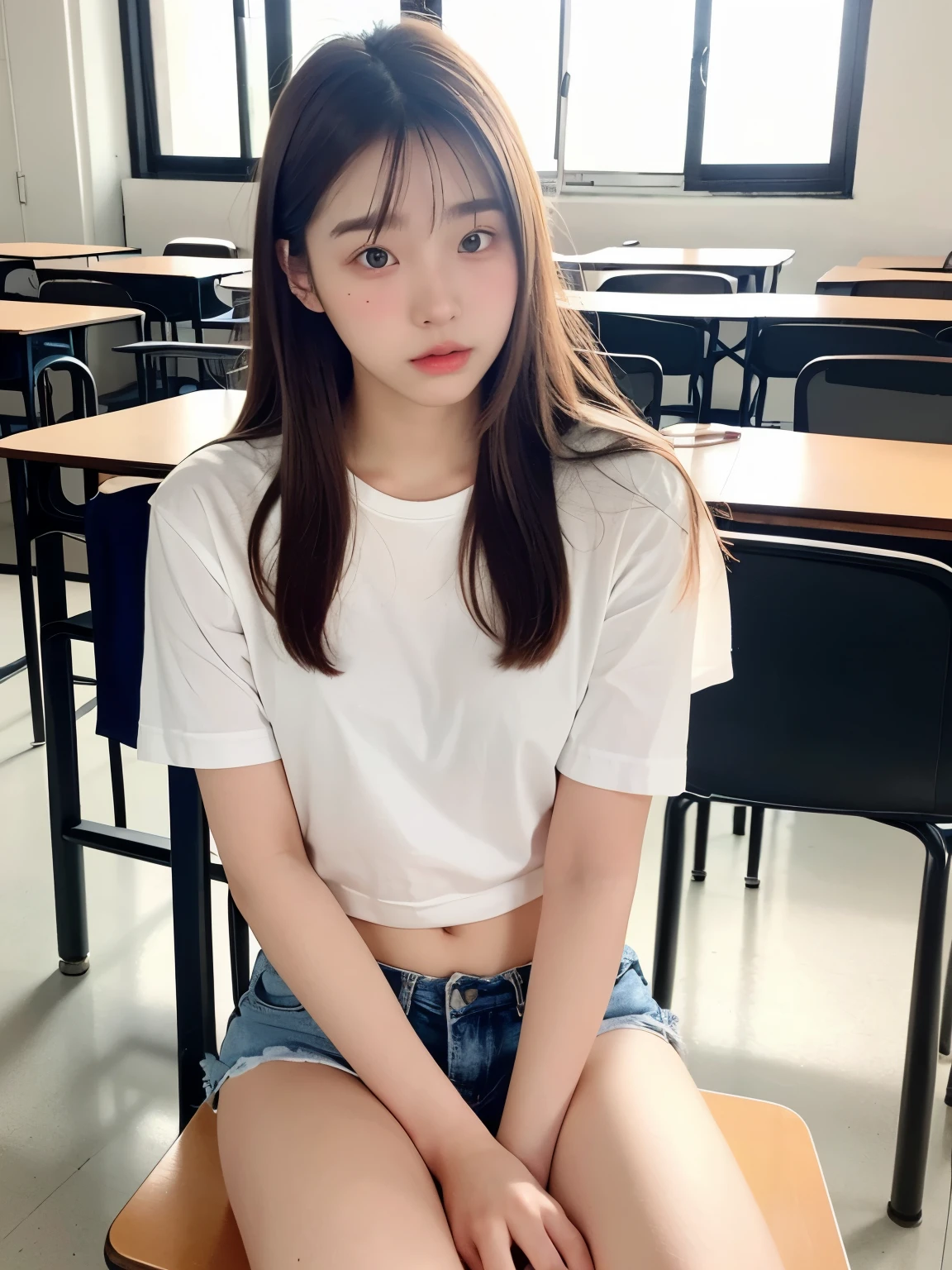 NSFW (new south wales),(In 8K、top quality、masterpiece:1.2)、(realistic、photorealistic:1.incredibly cute girl、18 years、sit on、(((camel 2)))、(((white panties)))、(((open your legs)))、solo、classroom、View viewers、(Sit:1.5)、At school、I think it's going to explode、beautiful beautiful eyes、)、(dark blonde hair:1.2)、(Short hair:1.2)、, skirt , , socks, black hair, blurry background, knee high, white shirt, lifelike, shiny lips , socks, tie, pleated skirt, masterpiece, top quality, very very detailed、(((open your legs)))、attractive eyes