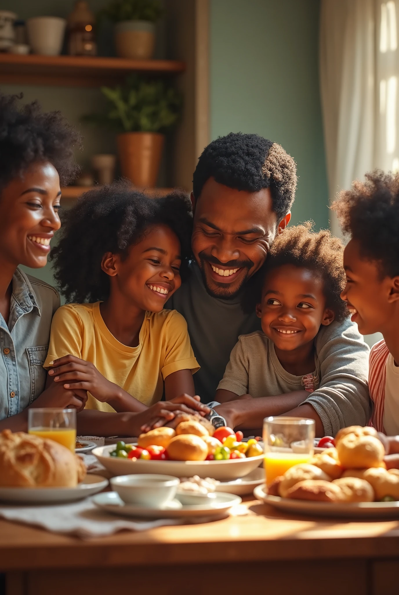 Create a highly realistic image of a joyful black family inside a modern kitchen. The family consists of a father, mother, and three children (two boys and one girl). The children are sitting at the kitchen counter, eagerly waiting for the meal, wearing t-shirts in burnt orange and mustard yellow. The parents, dressed in brown, red, and black shirts, are happily cooking together, sharing a moment of joy. The kitchen should be modern and warm, with decor in deep oranges, warm yellows, and earthy browns, reflecting a cozy and welcoming atmosphere. Ensure the scene captures the warmth and happiness of the family as they prepare and anticipate a meal together.