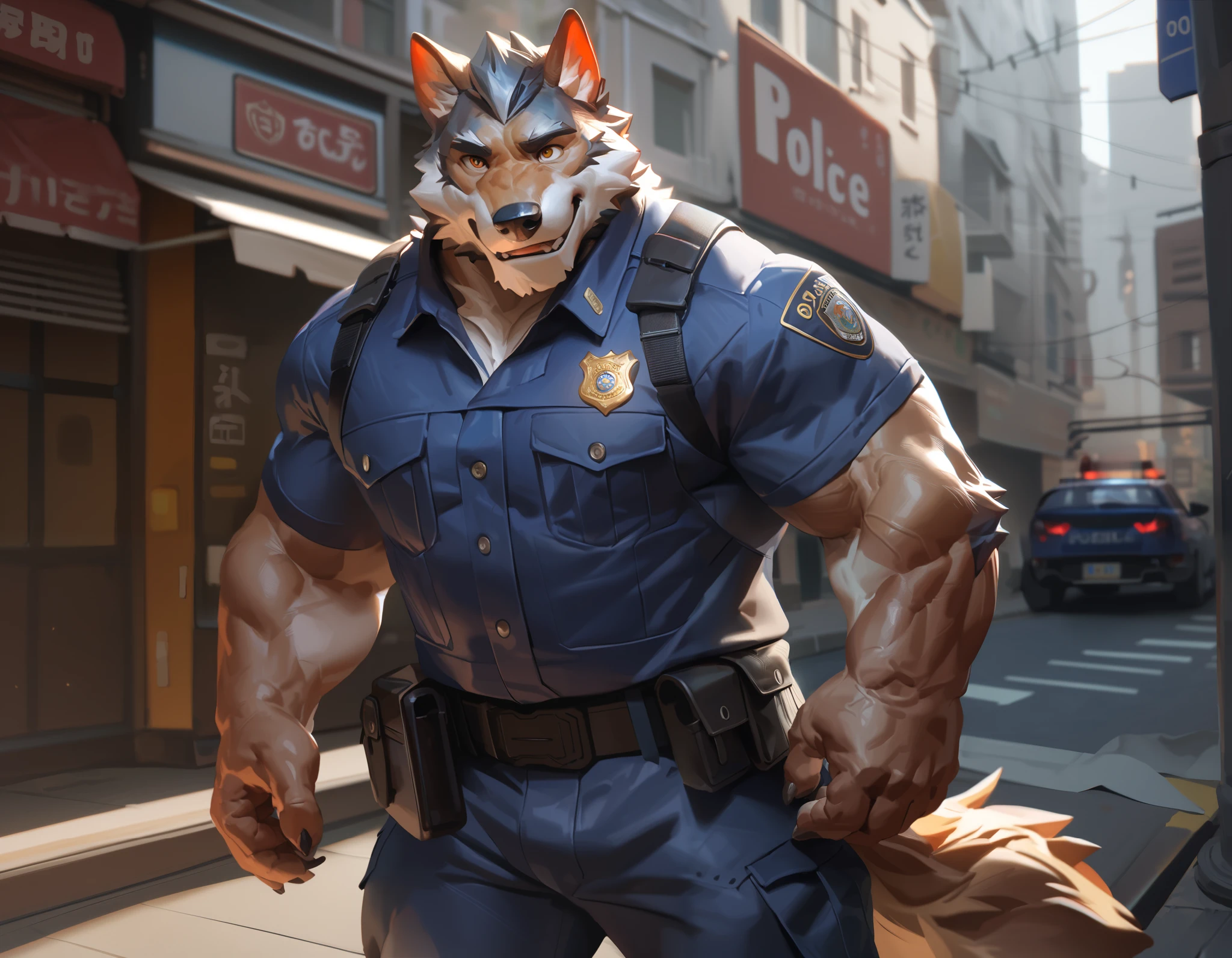 lindong, standing, muscular man wear working as police, police uniform, furry, an anthro (wolf), an anthto, a old man big muscular, happy expression, extremely detailed muscle, street, city, detailed face, face, detailed eyes, eyes, detailed muscle, photography, background, semirealistic:1.2, high detailed, 8k, high resolution, highly detailed, 8k, epic heroic fantasy, Masterpiece, Anatomically Correct, Best Quality, Ray Tracing, Hyperdetailed