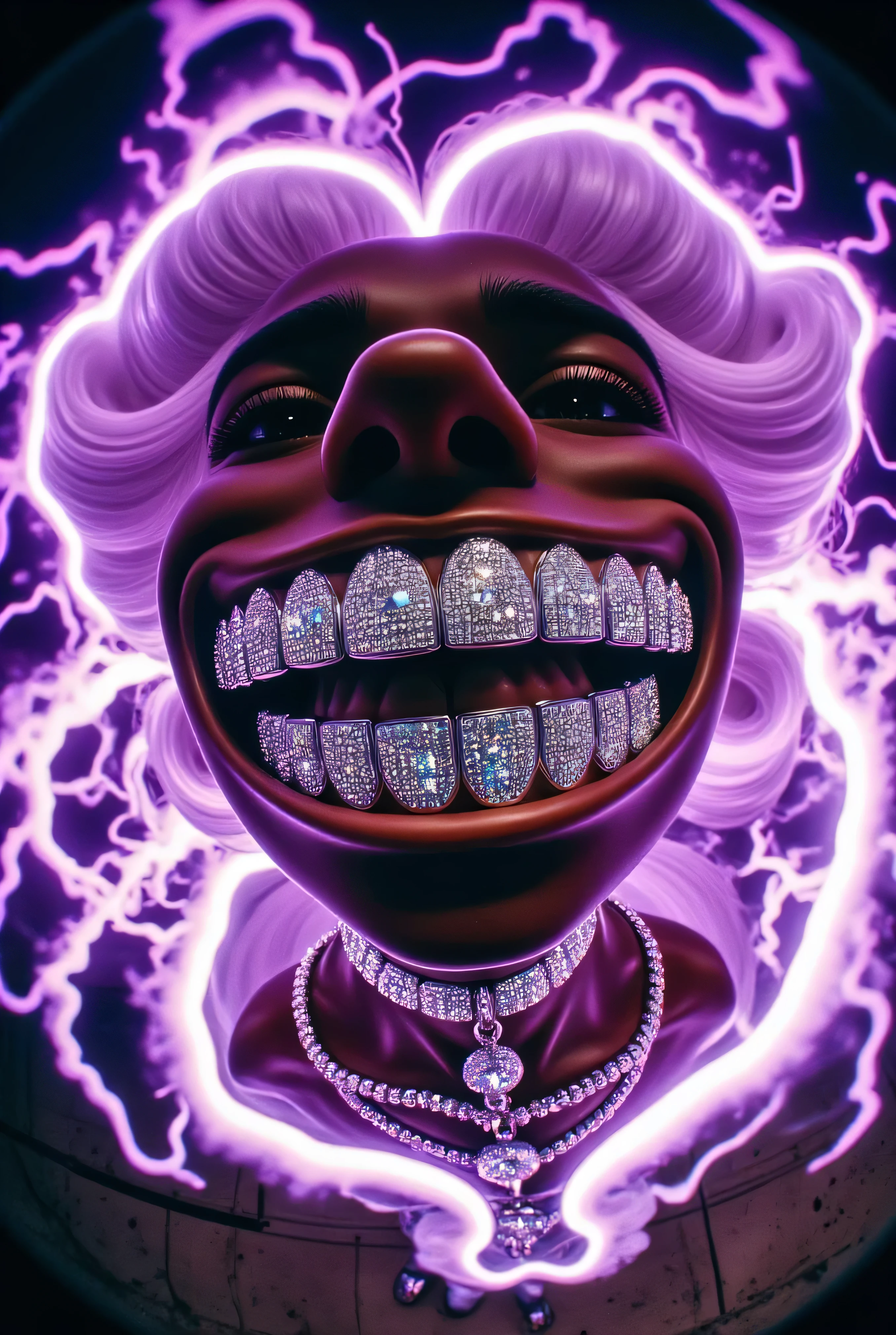 gr!llz, in the style of Jed-clrfl , 3DMM, Ebony character enveloped as Sailor moon in intense thick colored energy. Their face is obscured by the overwhelming thick glow::7.2 , large anime energy aura size 6 inches from body emphasizing the sheer power they are unleashing::6.4 .smiling into the camera, fish eye lens realistic photograph with a wide smile, its teeth are encrusted with shiny platinum diamonds. 