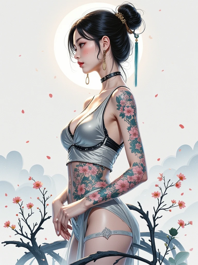 ((daytime、Real Light、of the best quality、in 8K、A masterpice:1.3))、女の子1人、beautiful a girl:1.4、Abs 2,0、Ass 1.5、Very bright outdoor、(Bright shorthair、Beauty Breast 1.0)、White shorts:1.2、off shoulders、hyperdetailed face、Detailed eye、双眼皮、Full body piercing、Full body tattoo
