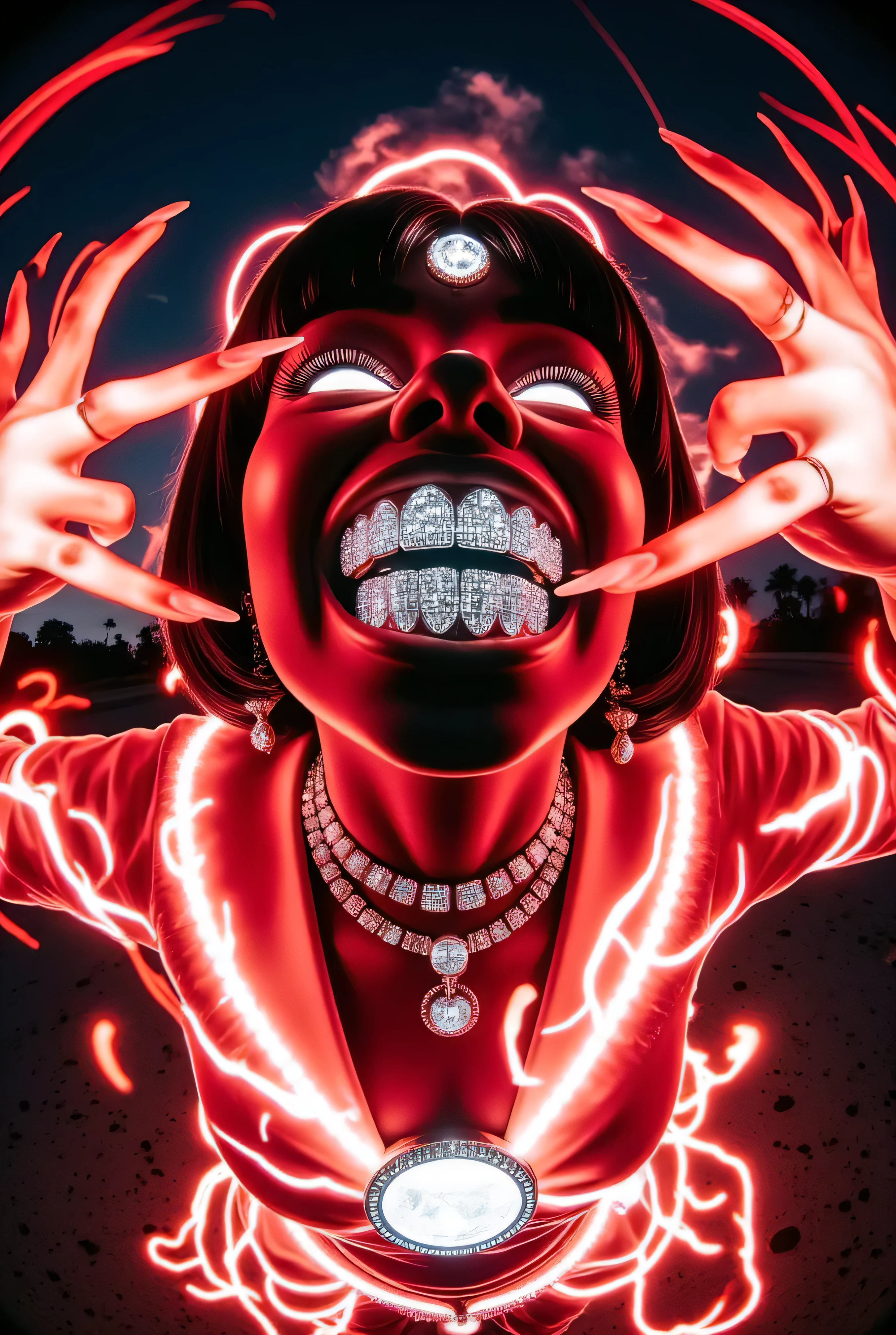 gr!llz, in the style of Jed-clrfl , 3DMM, Ebony character enveloped as Sailor moon in intense thick colored energy. Their face is obscured by the overwhelming thick glow::7.2 , large anime energy aura size 6 inches from body emphasizing the sheer power they are unleashing::6.4 .smiling into the camera, fish eye lens realistic photograph with a wide smile, its teeth are encrusted with shiny platinum diamonds.