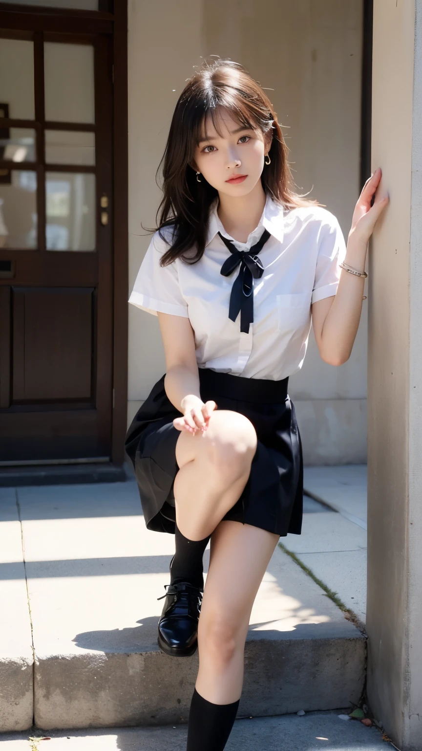 hight resolution、high-level image quality、in 8K、Real live-action、Raw photography、top-quality、masterpiece、masutepiece、Erotic、Pupils、Ultra Light Yellow Bra,de pele branca,kne,(Flesh-colored pantyhose),Detailed panty patterns、panties focus、Very bright yellow panties、absurderes,a small face、huge-breasted、Parting the bangs from the middle、Forehead visible,(a cold expression<Tight eyes,glares,Bullish,Strong anger)、masterpiece,top-quality、超A high resolution,Raw photo,ren,Beautiful fece,One Person, 独奏,Dark look,Small breasts,fullllbody、Very nice、JK school uniform,hi-school girl,A Japanese Lady,is standing,(Photorealsitic:1.37)、Photon mapping,Light blue ribbon,Realistic、Cute little face,Brown-eyed、22year old、(Red bow tie)、Radio City、Physically Based Rendering、Foreground、depth of fields、Blurry background、a picture,The girls、Body,beauty legs, Long legs, Thin leg,Long bob cut,(Bangs are visible), hair, s lips, Blue_The eye, nosesoft,(PINK SHIRT), (Navy pleated skirt), Knees are visible,Sheer clothing, Thigh, Nogizaka Idol, 女優, Japanese ido、Sparkling eyes、shiny lip、