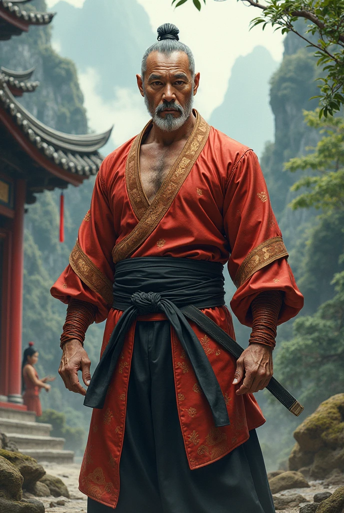 make a kung fu master from 1900. he fights the drunk master style. make it based on the character from the game the king of fighter Chin Gentsai. and there is no film of what chan printed master. make it realistic.he is holding a gourd or sake gourd.