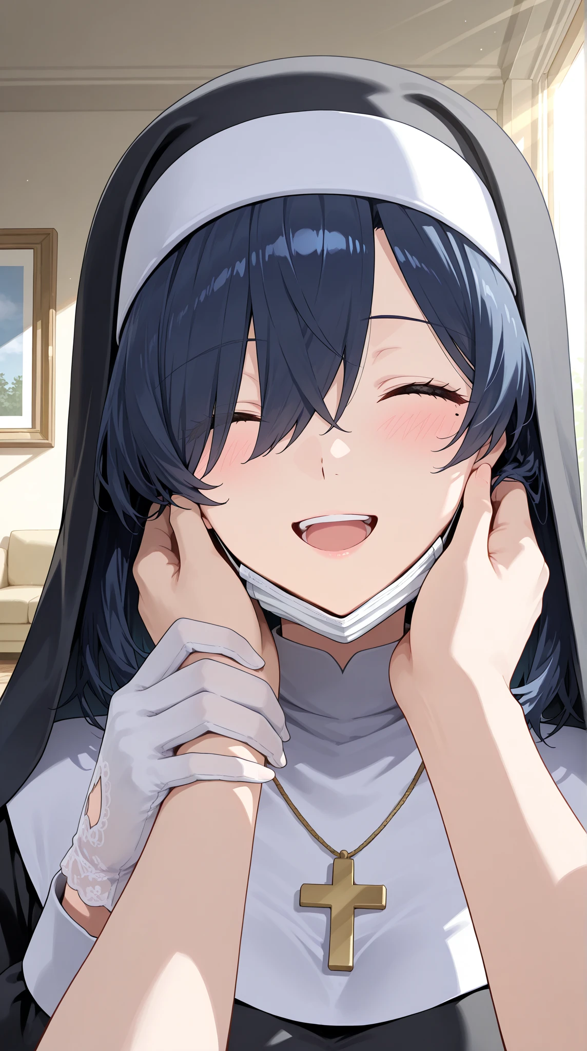NSFW,masterpiece,Highest quality,High resolution,Very detailed,white\(no game No life\),Long Hair,Multicolored Hair,Hair between the eyes,Gradient Hair,Yellow Eyes,Flat Chest,Face in love,blush,(Nuns),(Monastic uniform),(Sister),church,(Confession Room),Small private room,(Middle-aged men),(Blowjob),Suck a dick,(Bukkake),