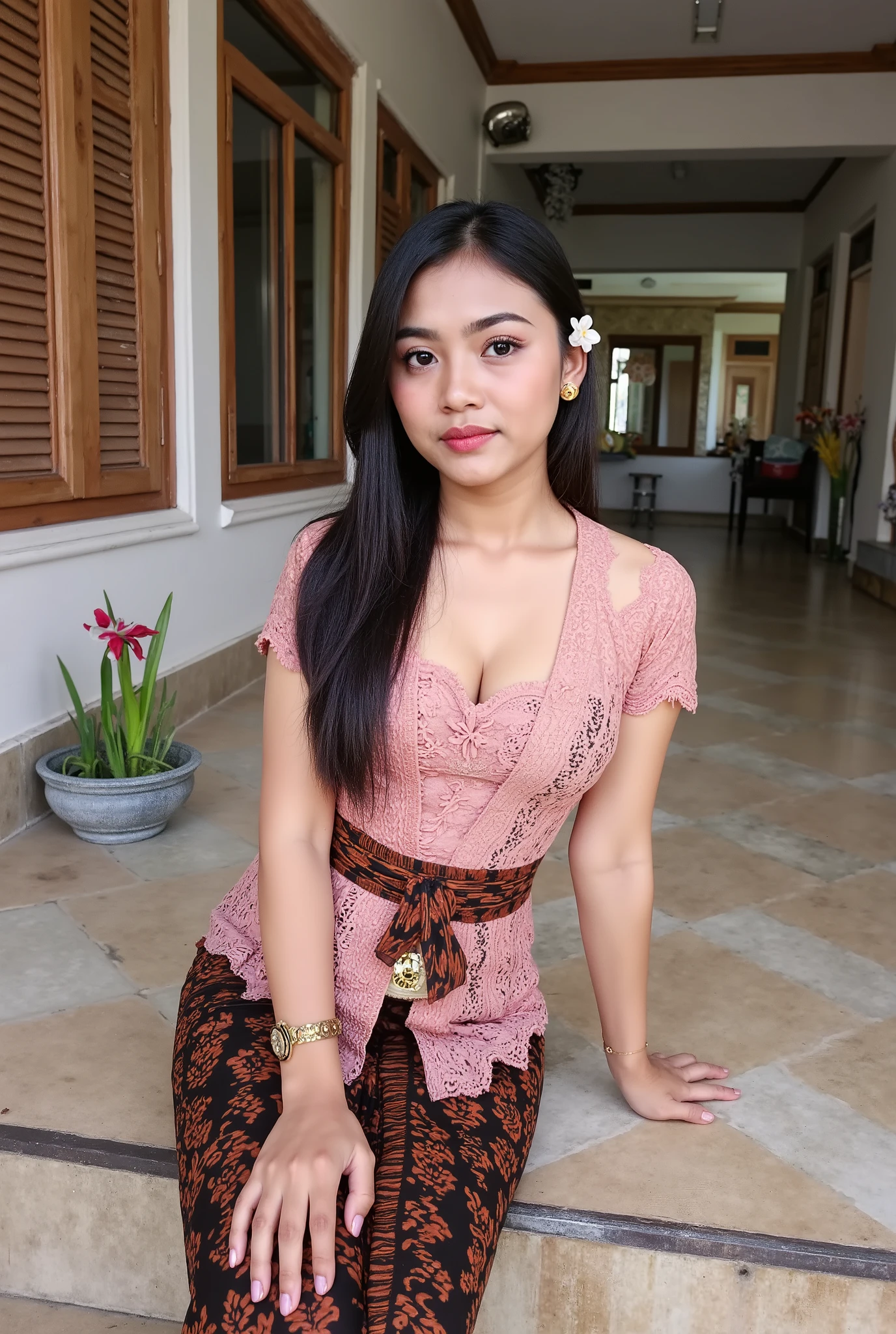 Indonesian girl in old house, full body photo, brown skin, tanned skin, sexy kebaya, long skirt, slim body, ((Madura batik: 1.4)) (big breast : 1.8), crawling on floor, posing doggy style, ((naughty pose)), very long black hair, ((tight dress)), sexy body