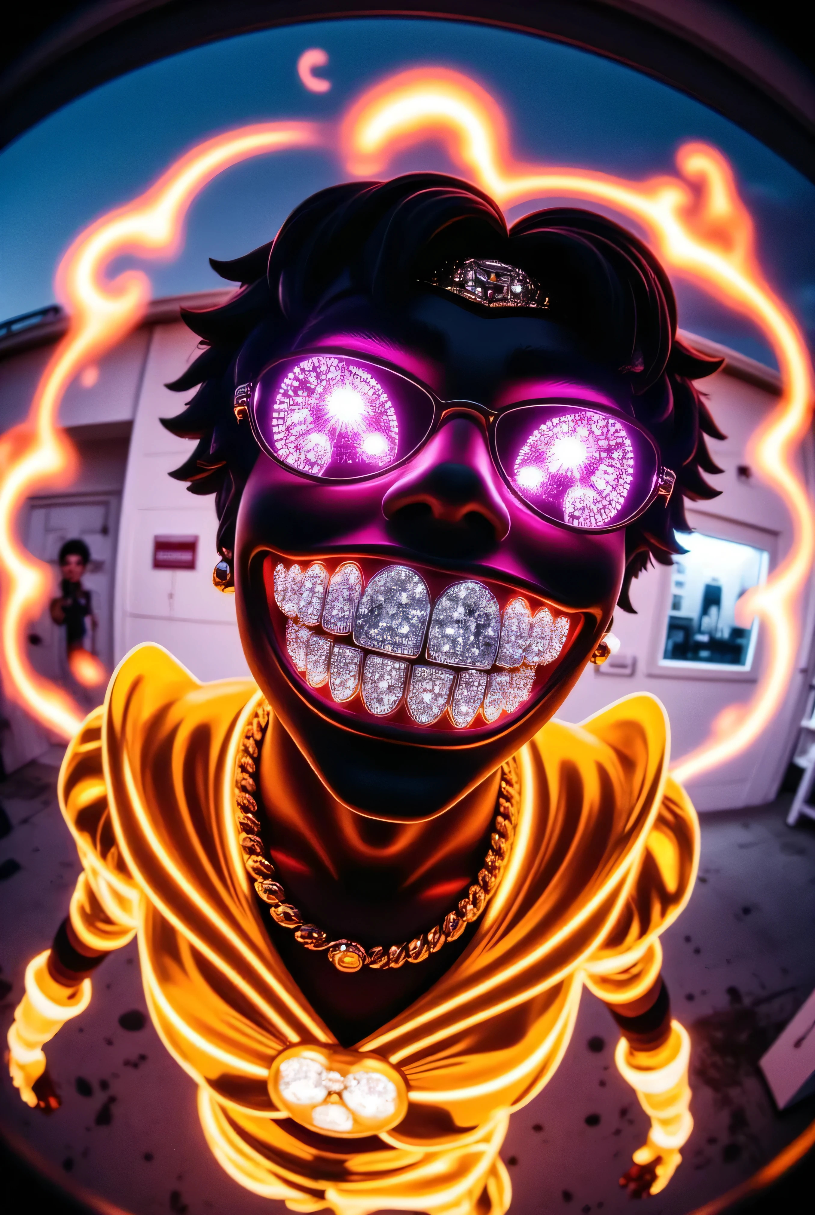 gr!llz, in the style of Jed-clrfl , 3DMM, Ebony character enveloped as Sailor moon in intense thick colored energy. Their face is obscured by the overwhelming thick glow::7.2 , large anime energy aura size 6 inches from body emphasizing the sheer power they are unleashing::6.4 .smiling into the camera, fish eye lens realistic photograph with a wide smile, its teeth are encrusted with shiny platinum diamonds. 